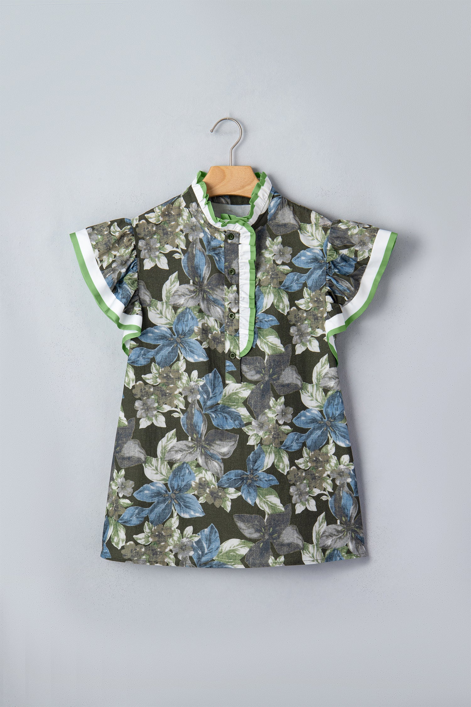 Ruffled Short Sleeve Floral Summer Blouse – Green