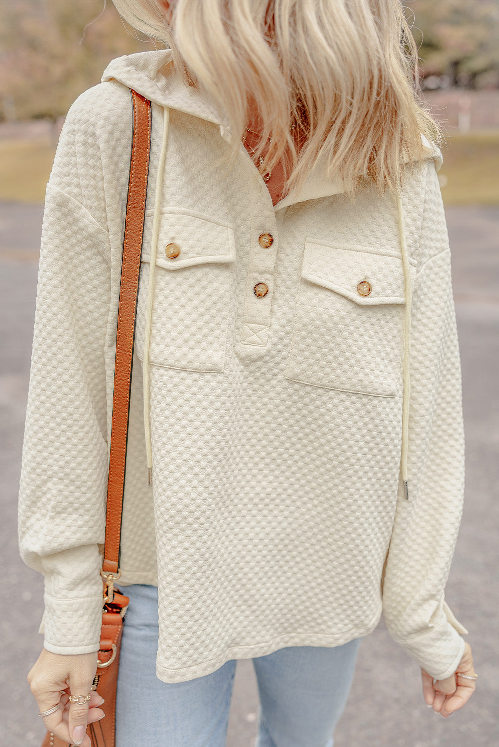 Apricot Textured Buttoned Neckline Side Pockets Hoodie eAura