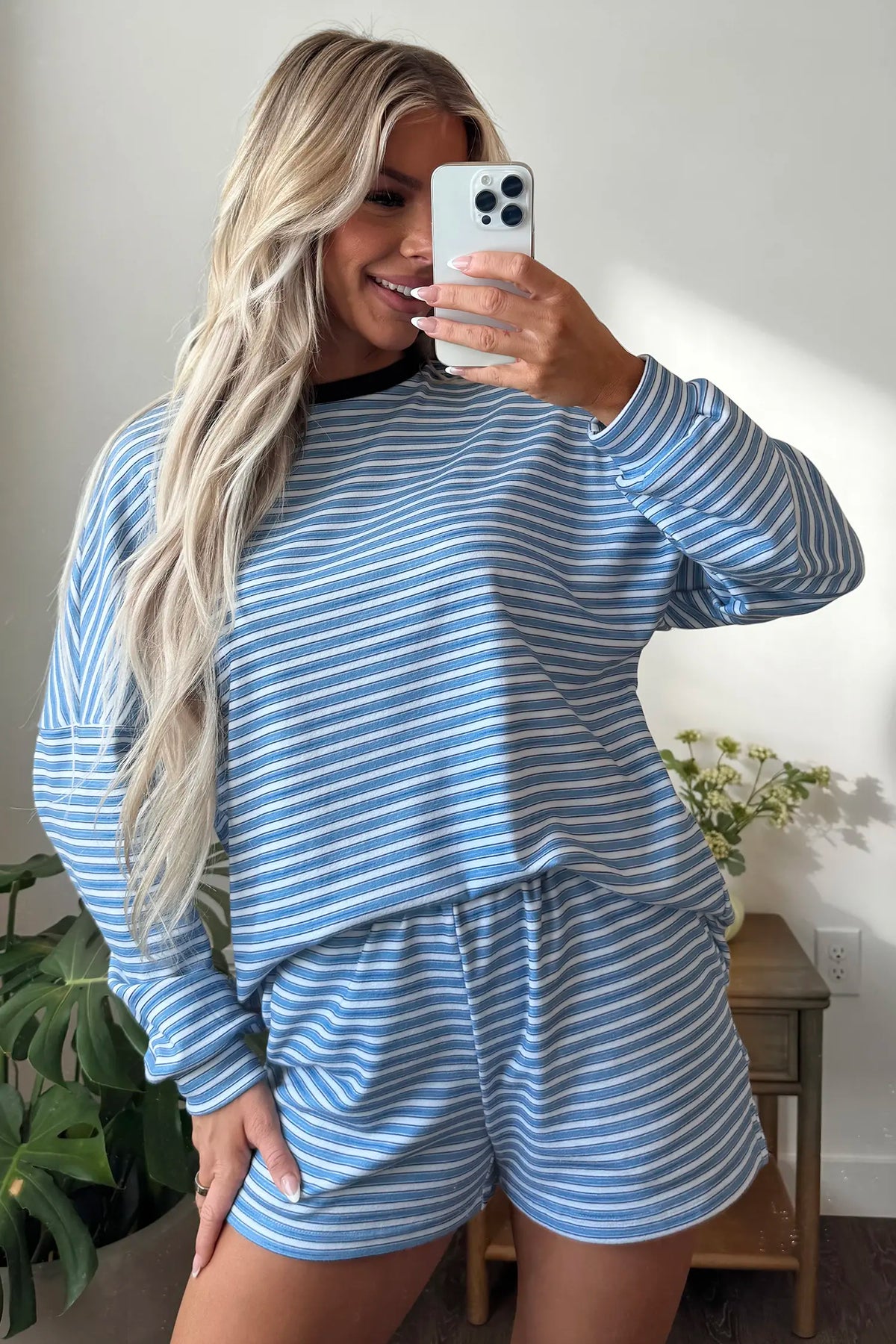 Long Sleeve Oversized Top Pocketed Casual Shorts Two Piece Set – Sky Blue Stripe