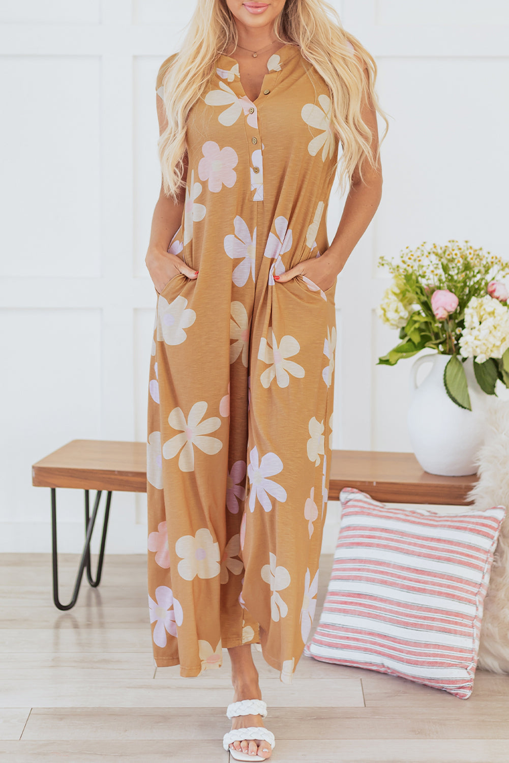 Khaki Floral Print Sleeveless Button up Wide Leg Loose Jumpsuit eAura