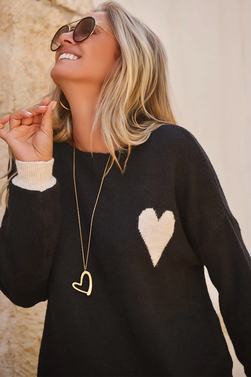 Black Heart Detail Contrast Cuffs Baggy Sweater - Sweaters & Cardigans/Sweaters