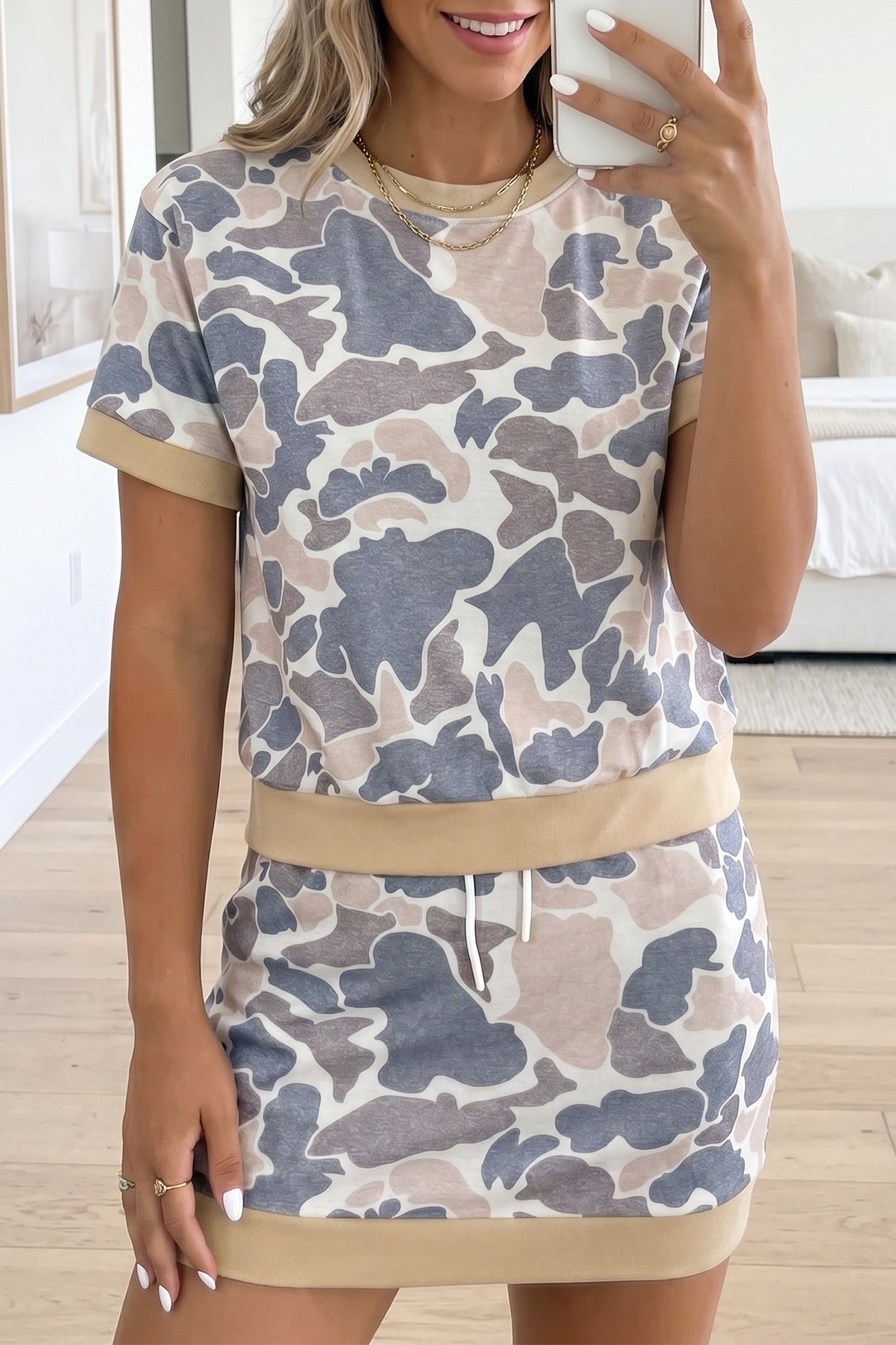 Retro Camouflage Color Block Trim Skort 2pcs Outfit – Multicolour