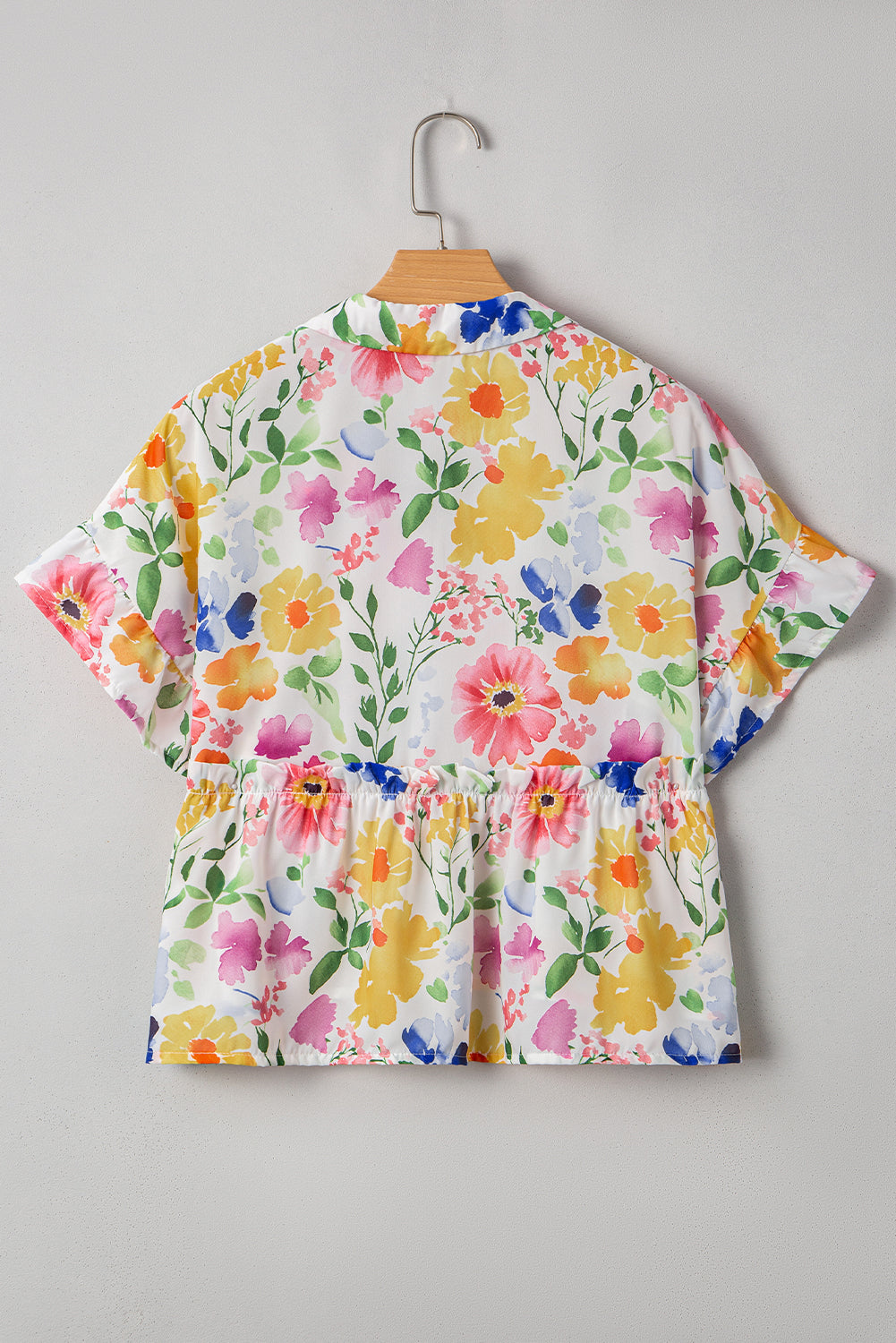 Yellow Floral Boxy Fit Ruffled Short Sleeve V Neck Blouse eAura