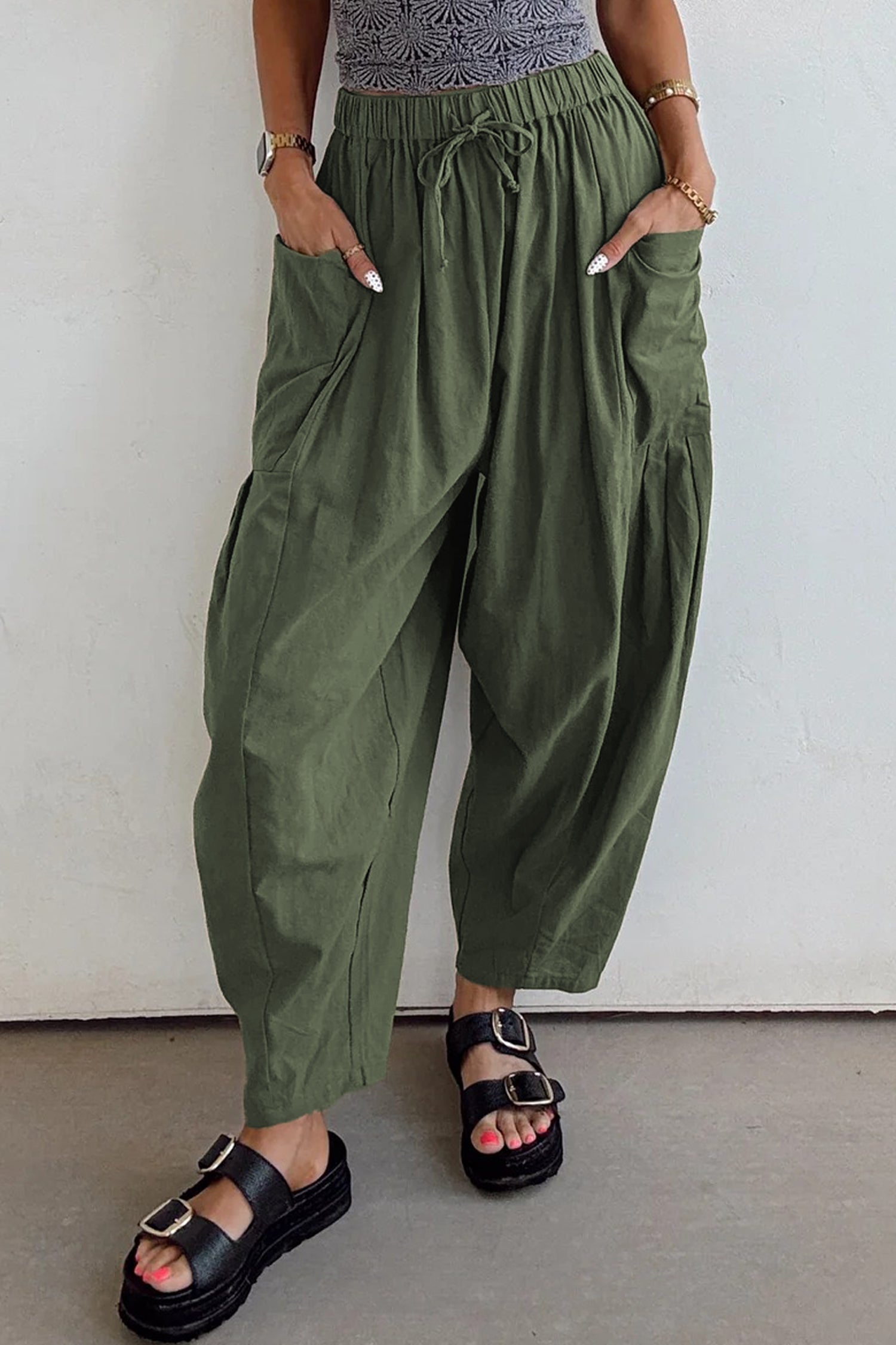 Drawstring Elastic Waist Pocket Barrel Leg Casual Pants - eAura