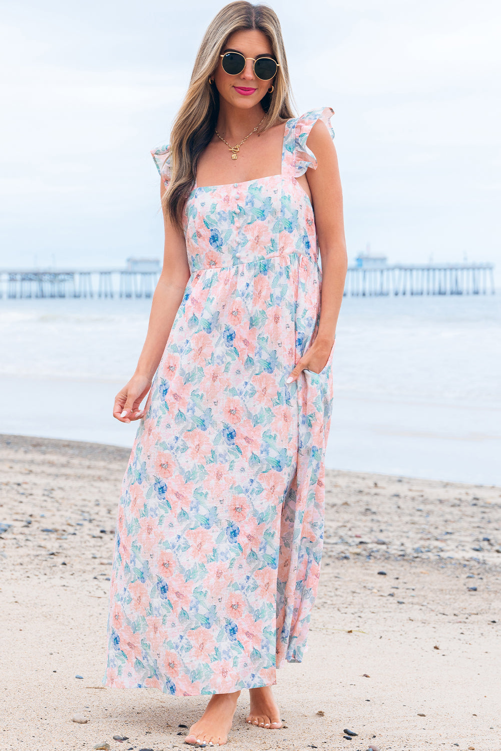 Pink Floral Print Square Neck Backless Long Dress with Slit eAura