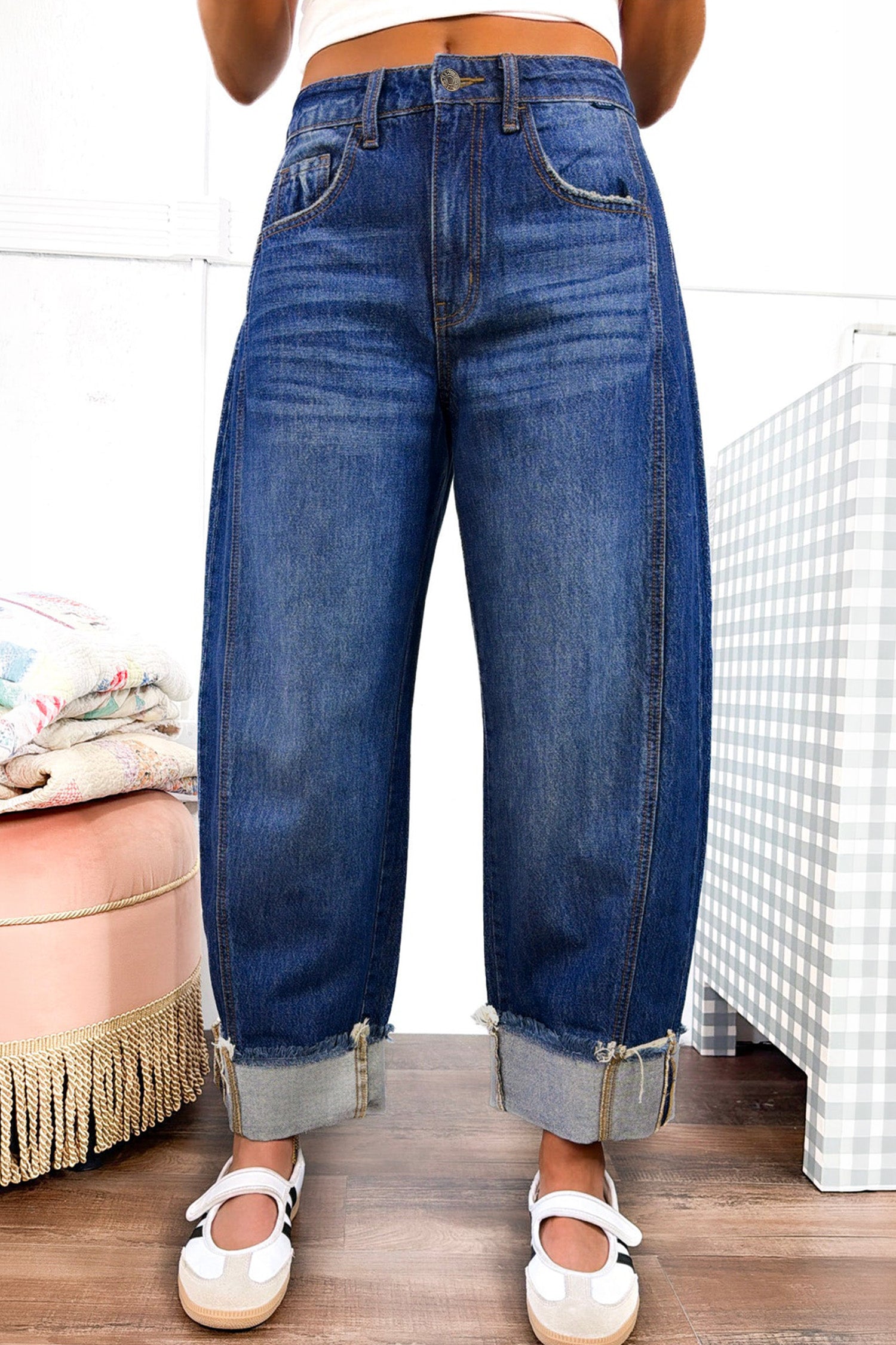 Raw Hem Turnup Loose Ankle-length Jeans – Sail Blue