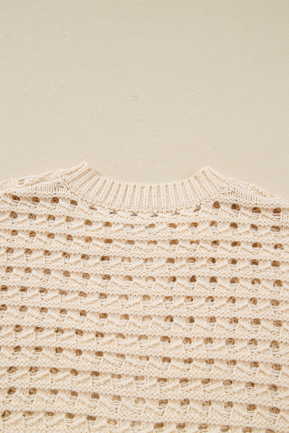 Beige Hollowed Knit Zip-Up Drop Shoulder Cardigan - eAura