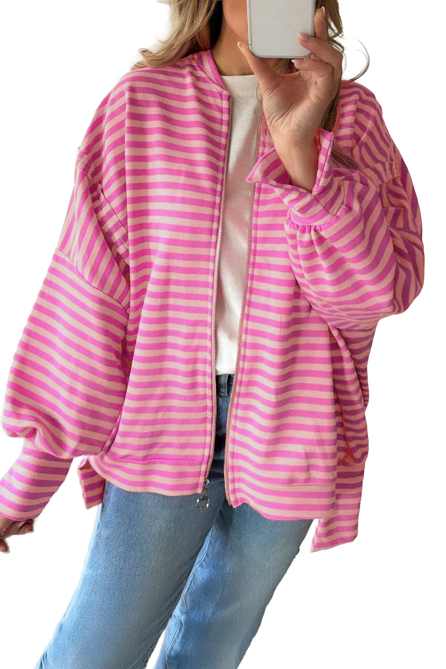 Zip-up Puff Sleeve Zip Jacket Sweatshirt – Pink Stripe