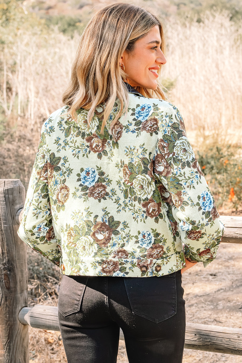 Khaki Floral Print Zip Up Contrast Collared Jacket - eAura