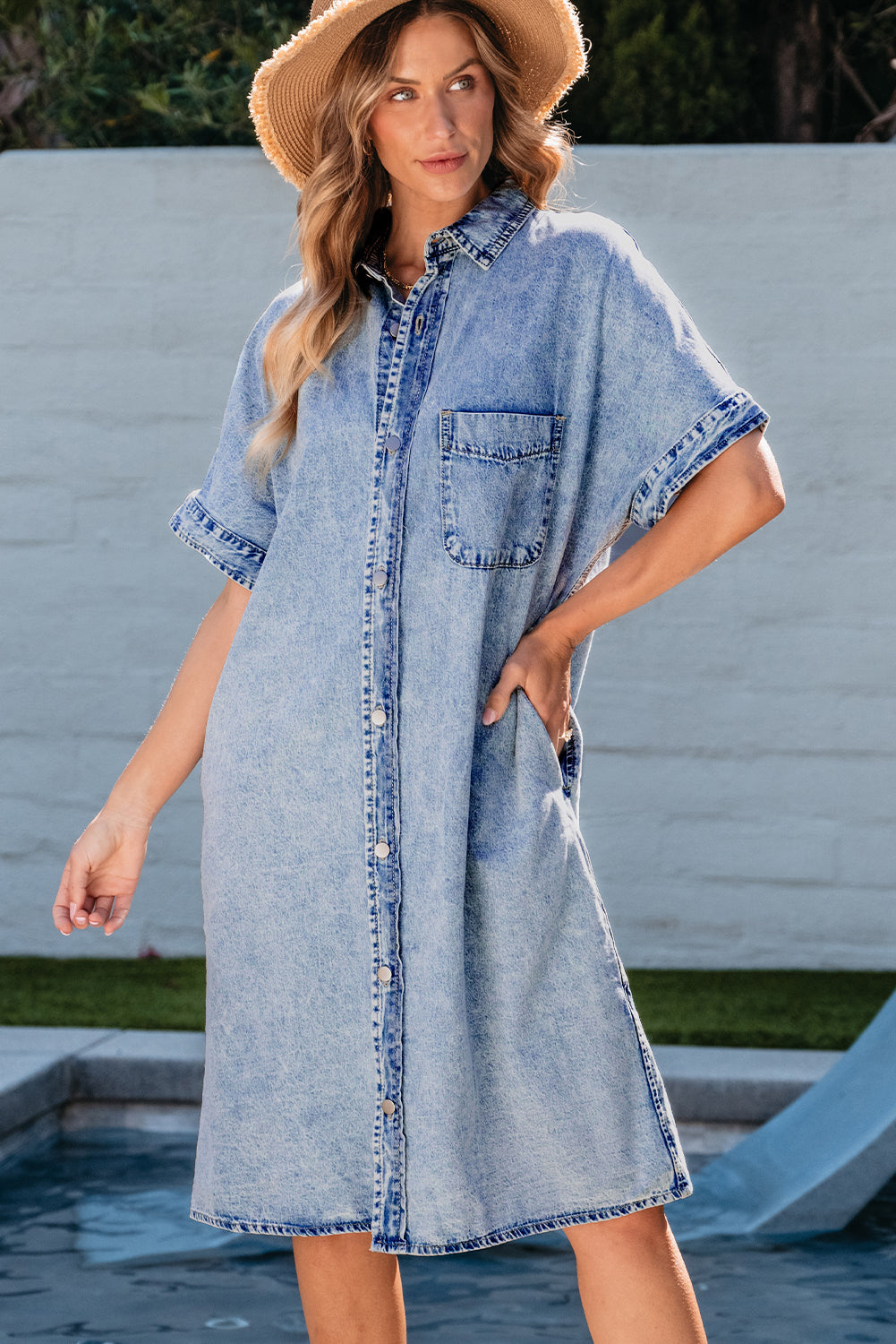 Light Blue Loose Medium Wash Short Sleeve Shirt Chambray Dress eAura