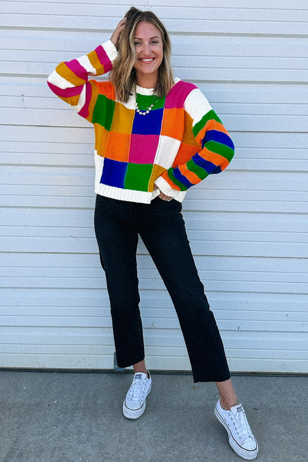 Orange Checkered Colour Block Round Neck Loose Sweater eAura