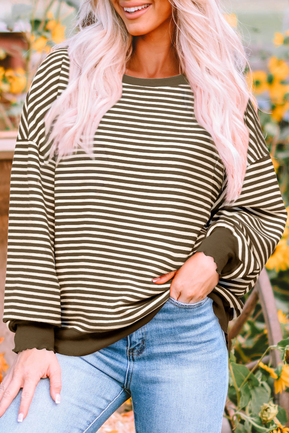 Brown Stripe Loose Drop Shoulder Long Sleeve Top eAura