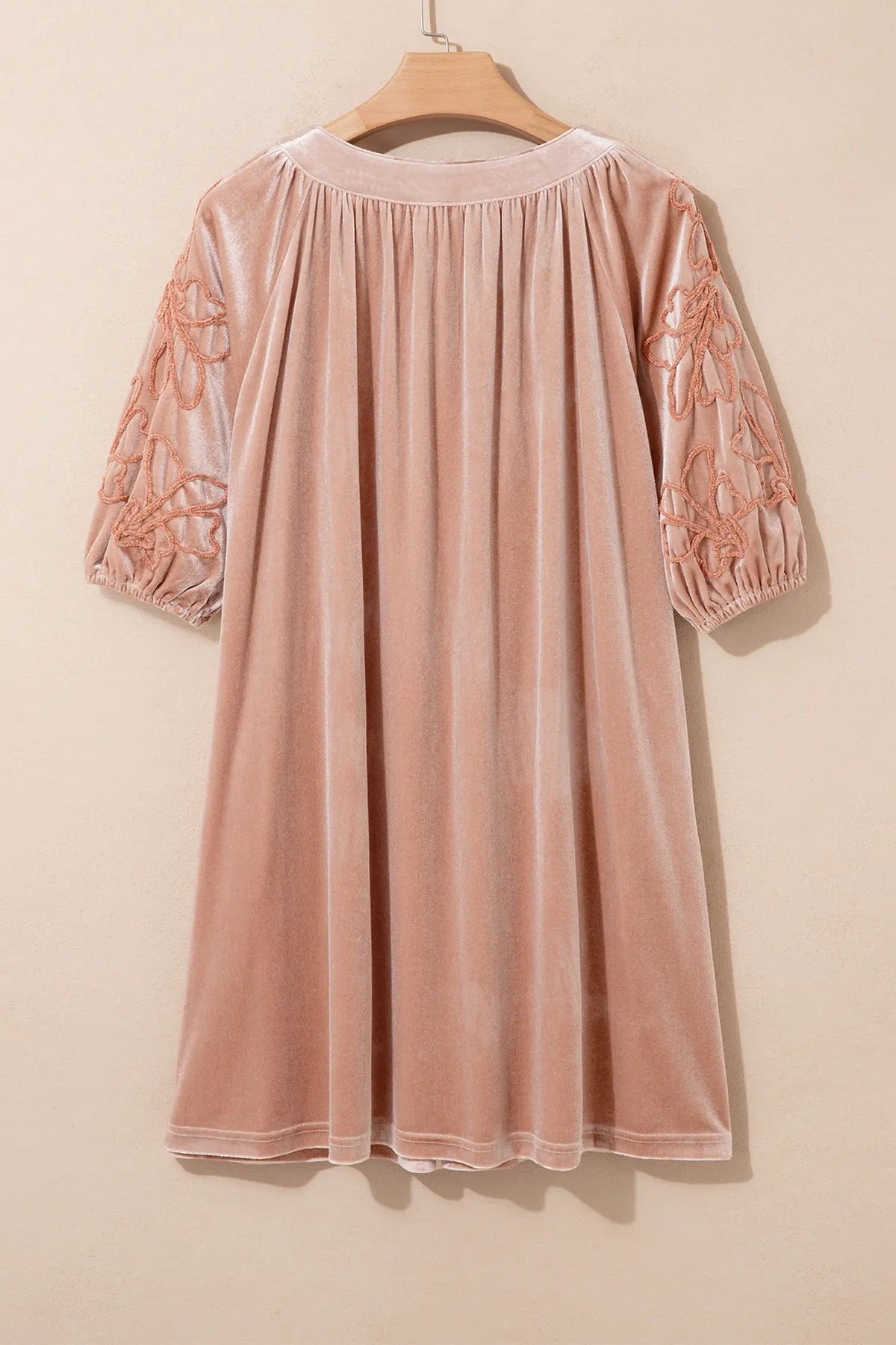 Embroidered Sleeve Velvet Mini Shift Dress – Light French Beige