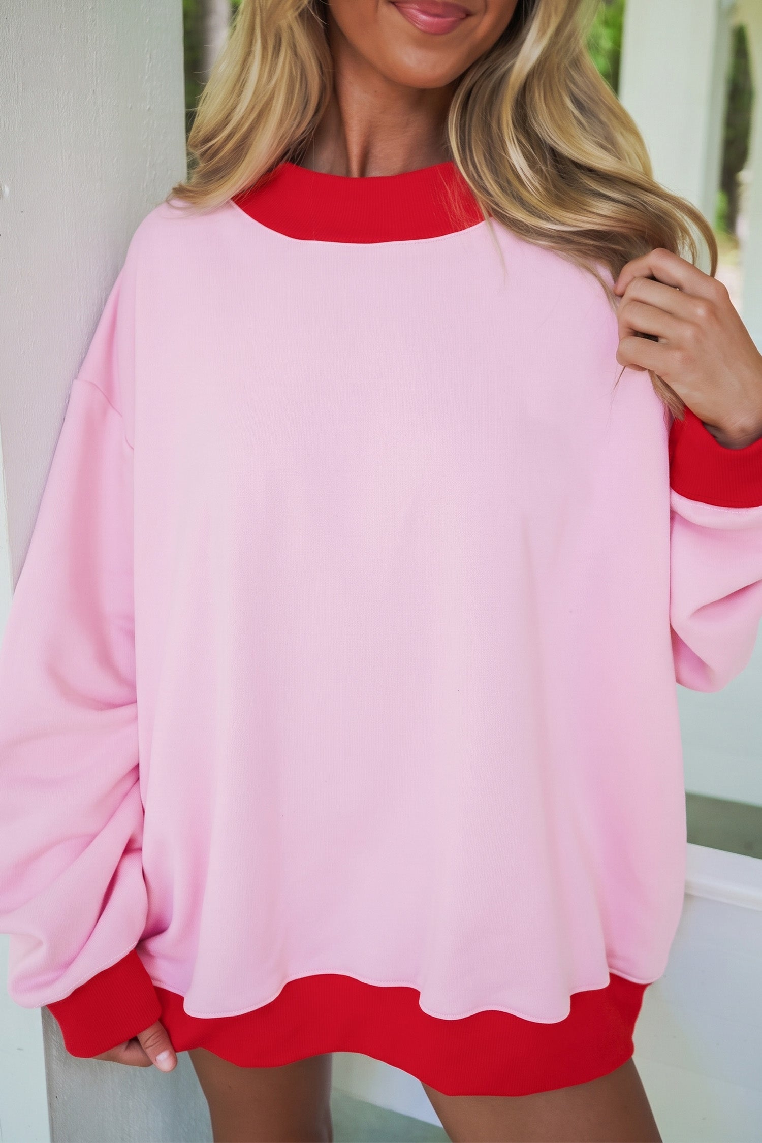 Colorblock Trim Crewneck Long Sleeve Pullover Sweatshirt – Pink