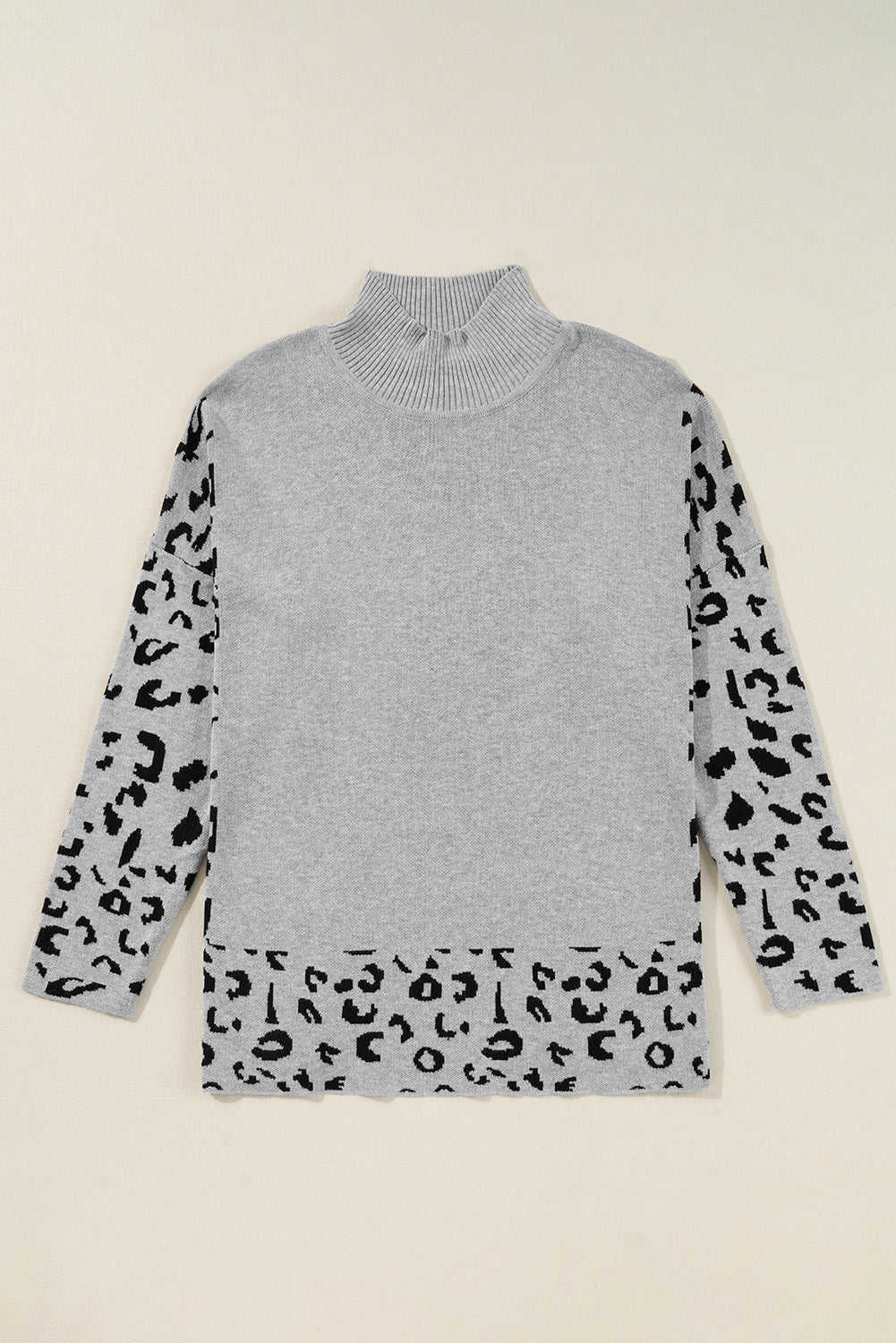 Grey Leopard High Neck Side Slit Oversized Sweater eAura