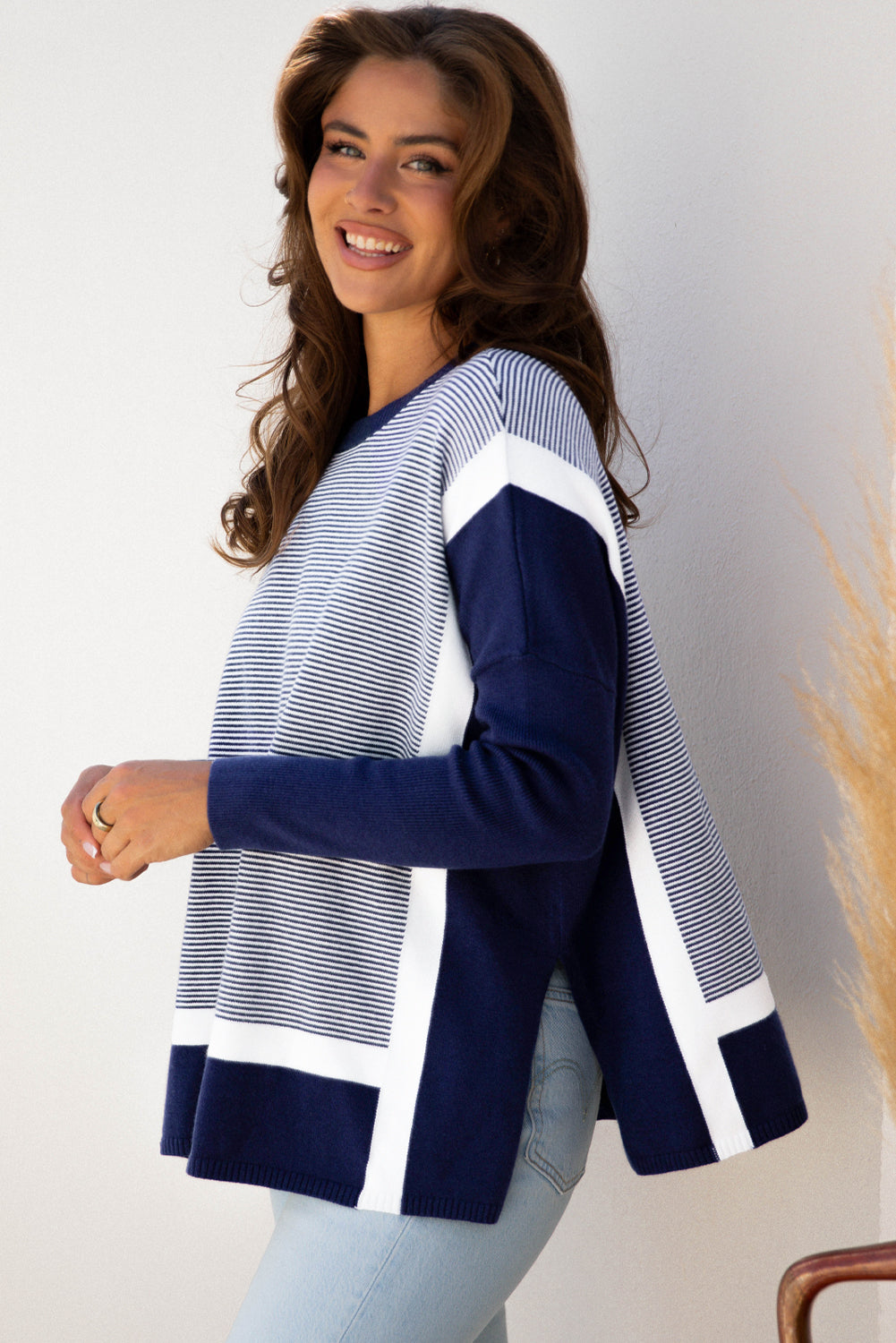 Striped Dolman Oversize Tunic Sweater - eAura