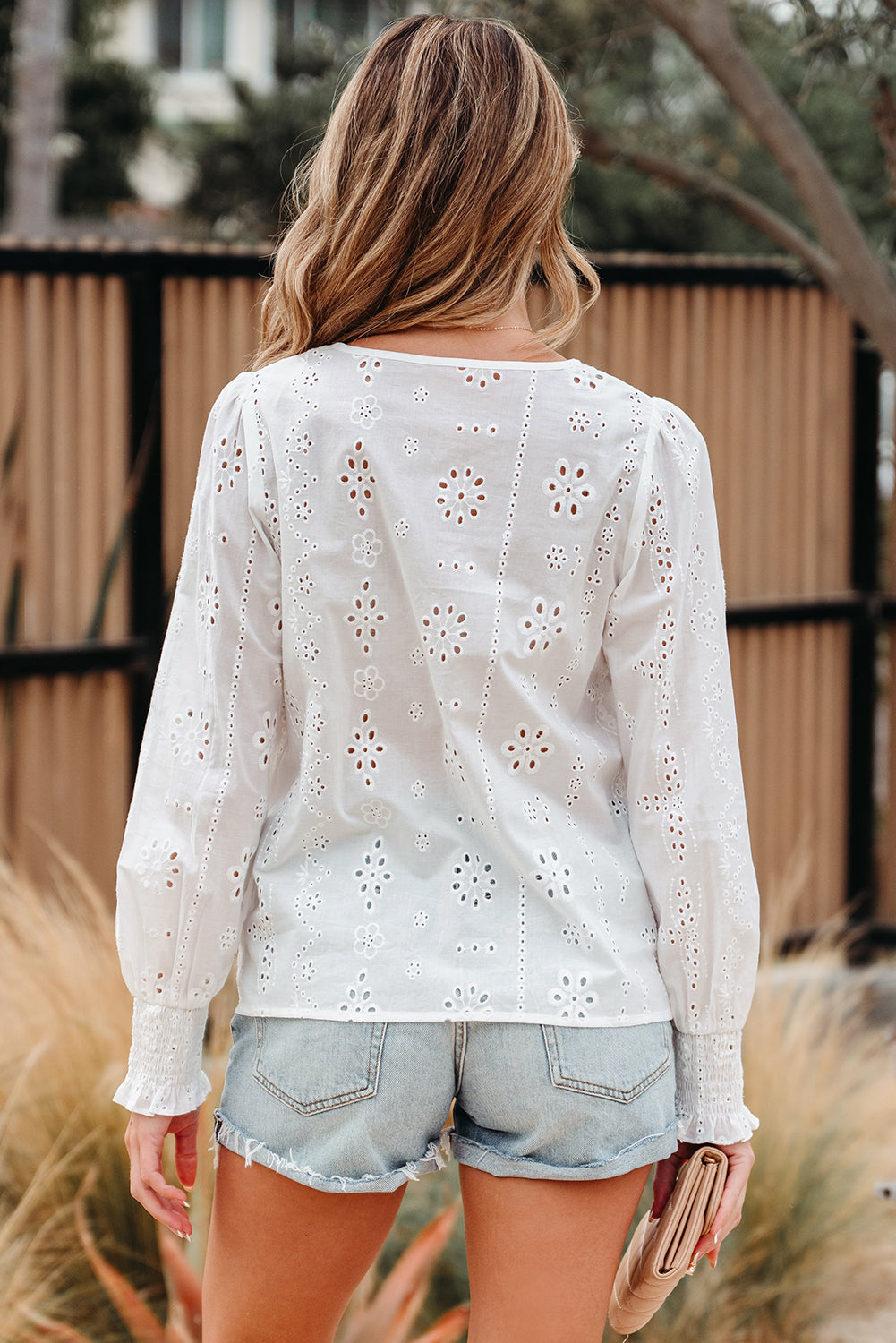 White Eyelet Embroidered Smocked Cuff Sheer Blouse eAura