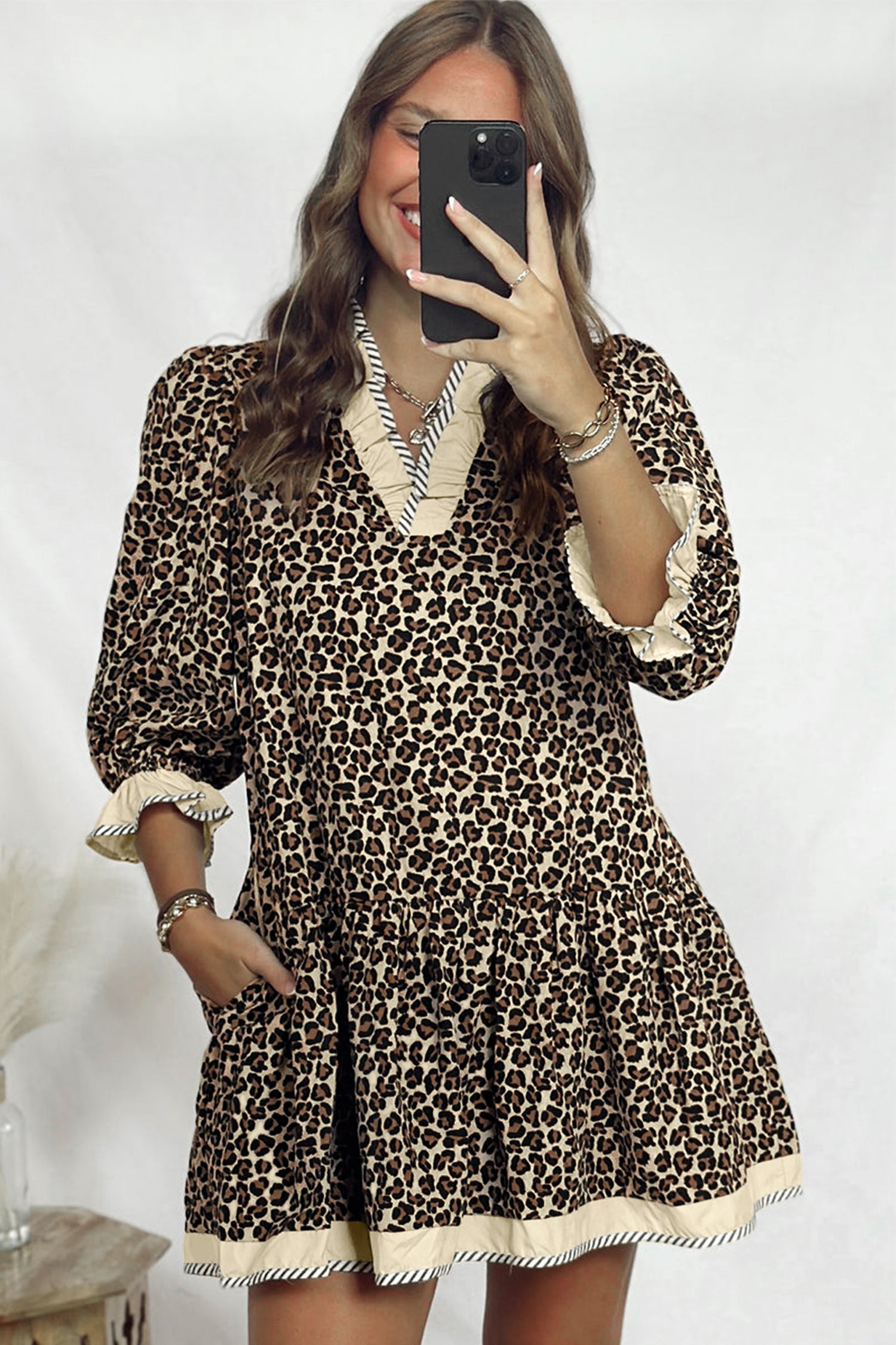 Leopard Print Striped Colour Block Trim V-Neck Bracelet Sleeve Mini Dress