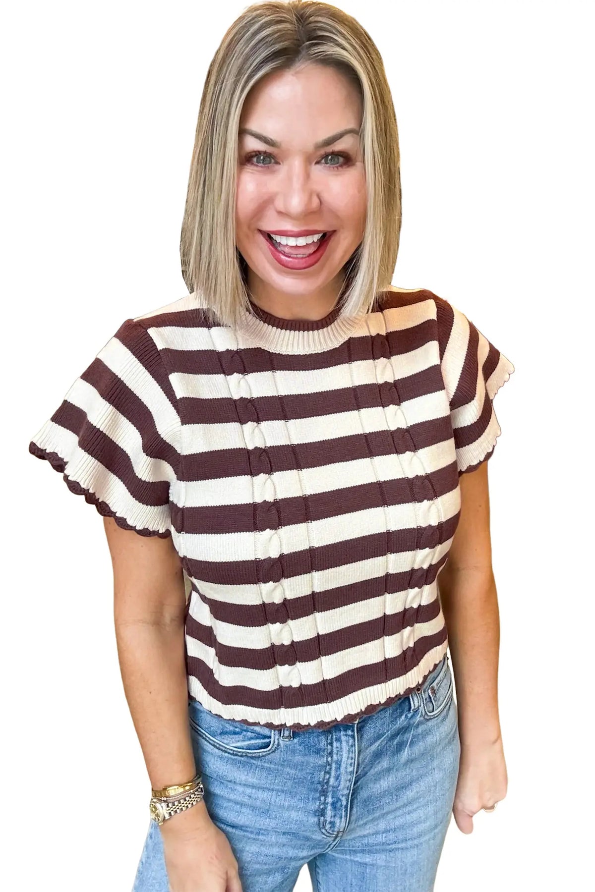Ribbed Knit Cable Detail Short Sleeve Sweater – Brown Stripe