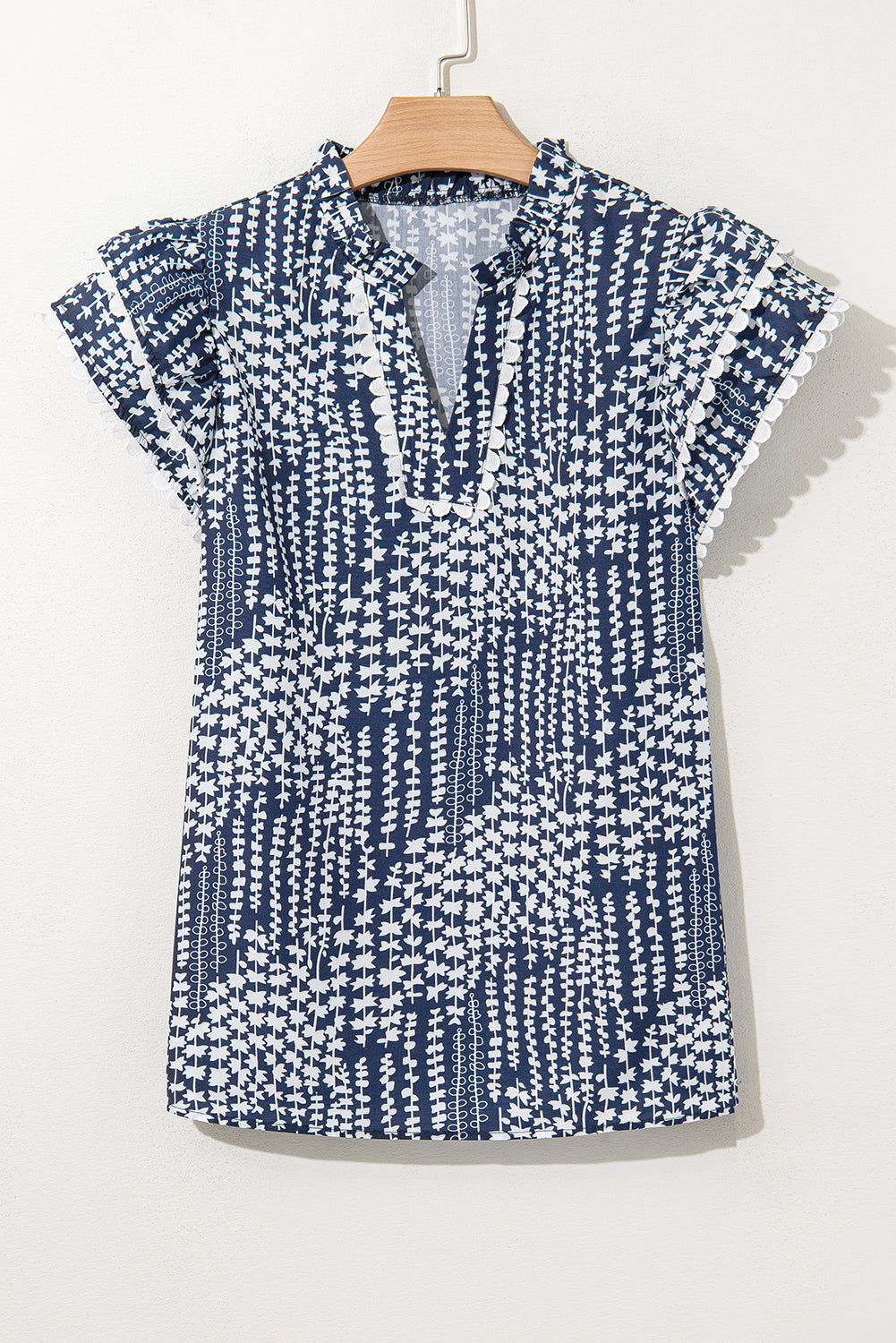 Sky Blue Abstract Print Ric Rac Trim Flutter Sleeve Notch V Neck Blouse eAura