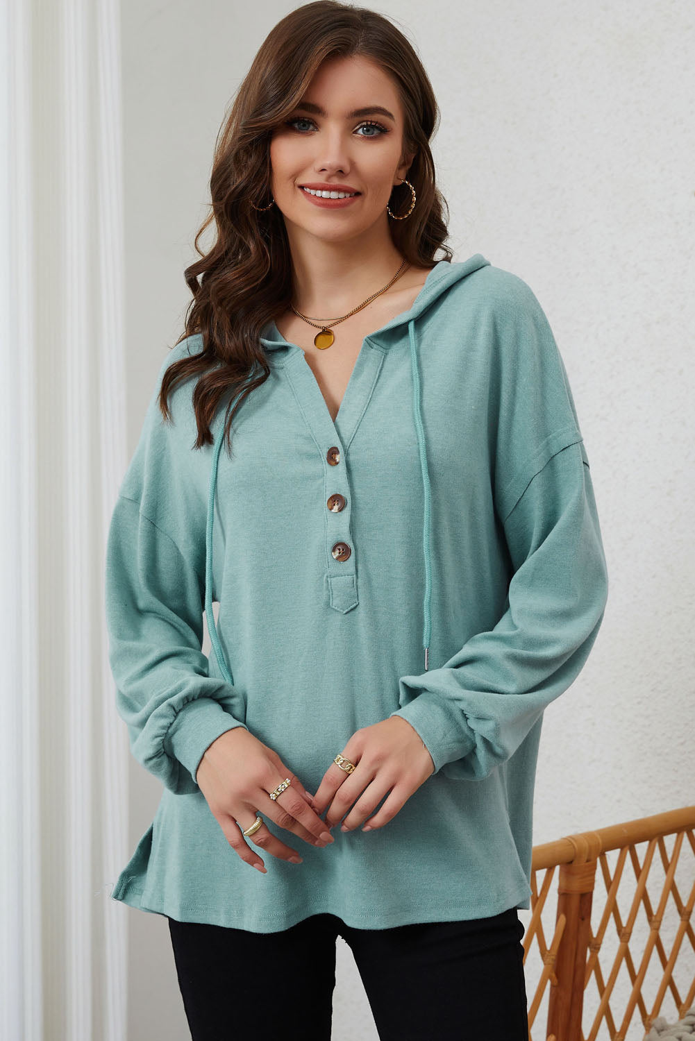 Buttoned High and Low Hem Hoodie eAura