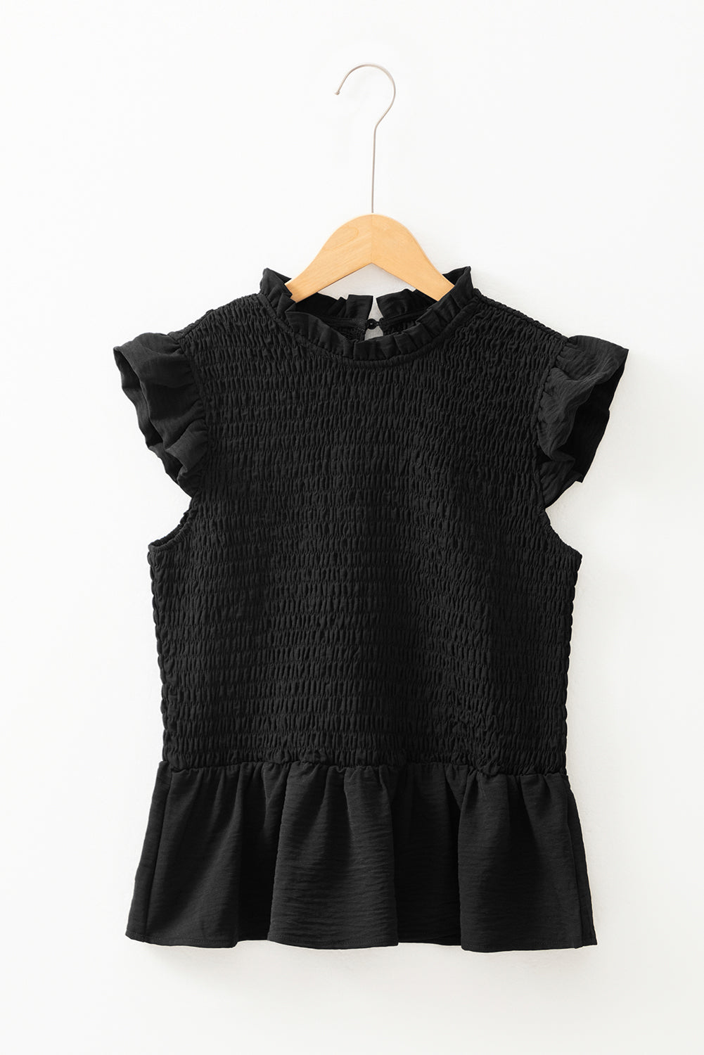 Black Ruffle Short Sleeve Shirred Peplum Top eAura