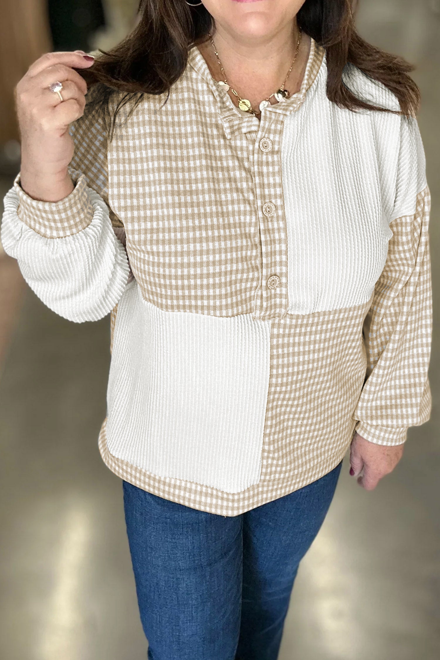 Patchwork Checkered Long Sleeve Round Neck Plus Size Blouse – Khaki