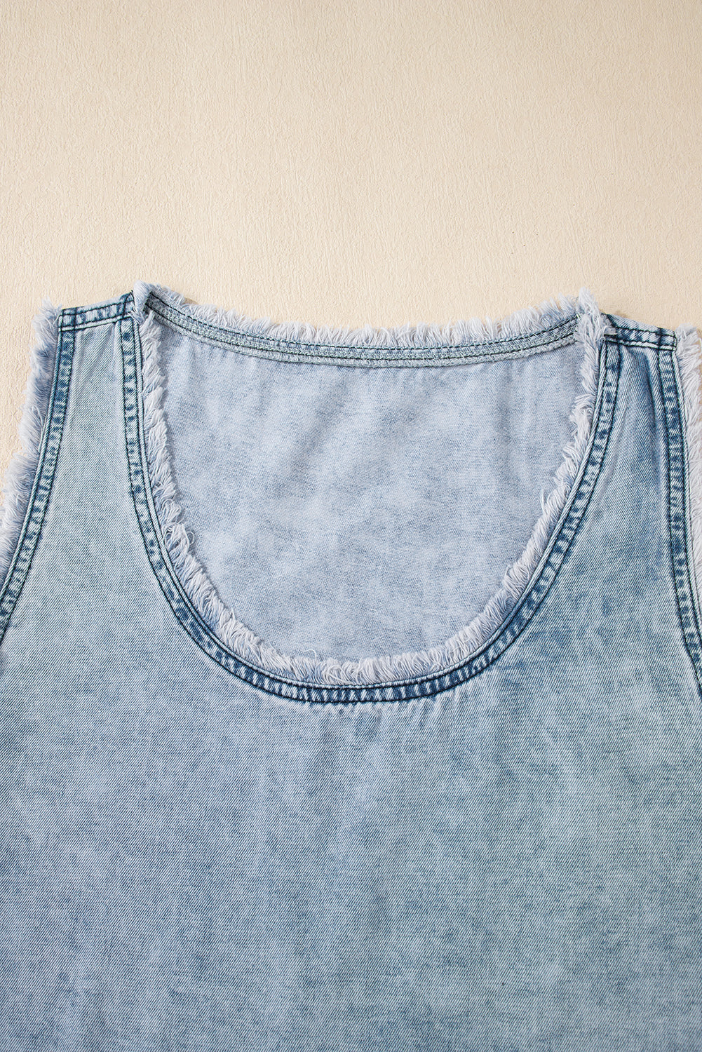 Beau Blue Mineral Wash Denim Frayed Scoop Sleeveless Top eAura