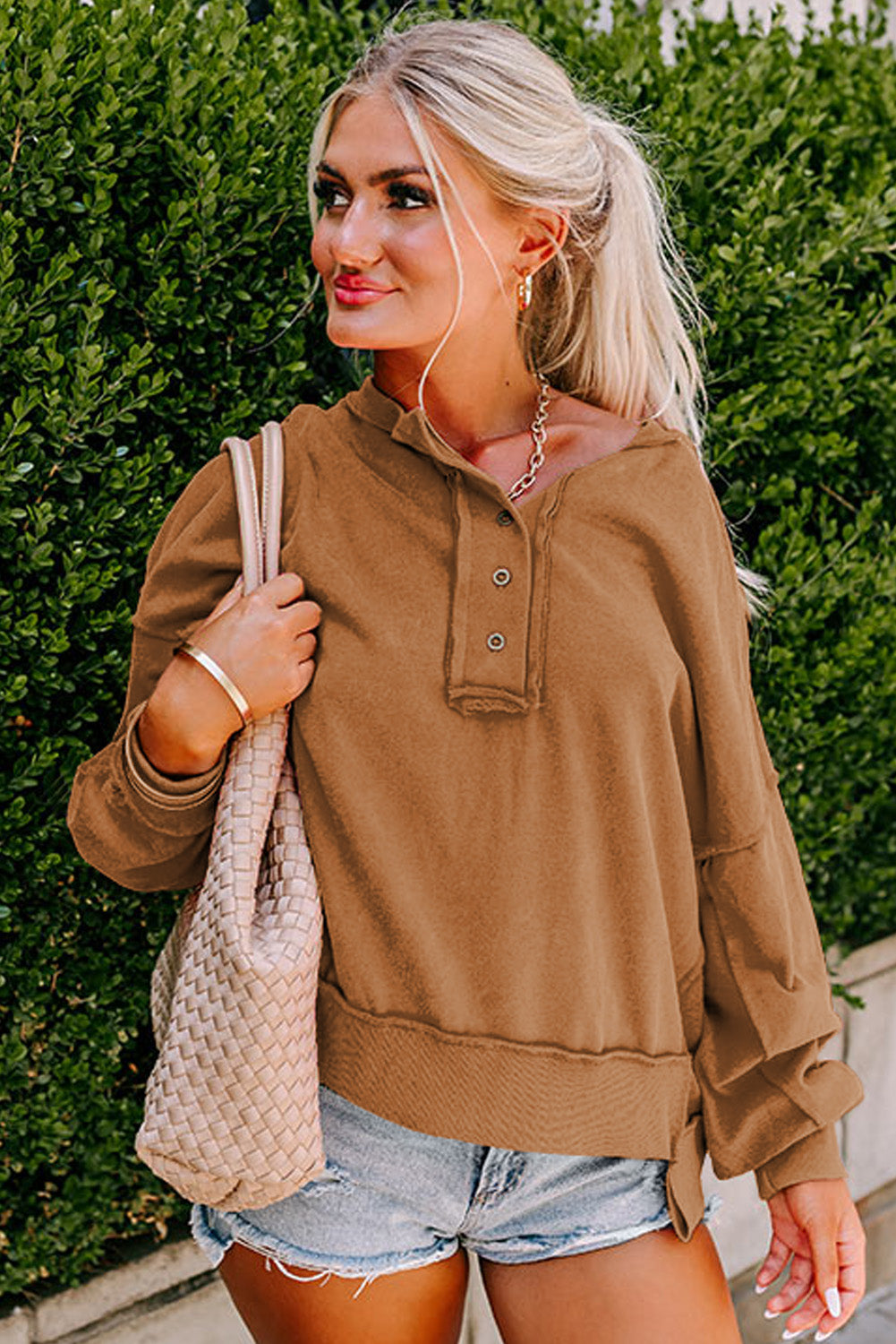 Drop Shoulder Henley Buttons Sweatshirt eAura