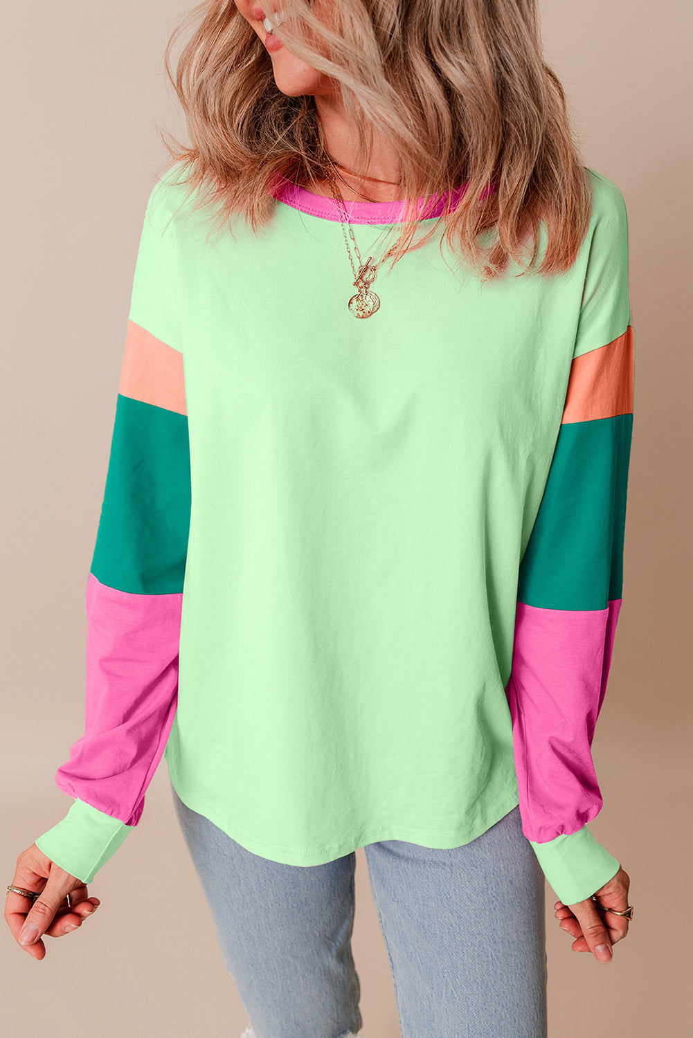 Dark Blue Colourblock Patchwork Long Sleeve Loose Top eAura