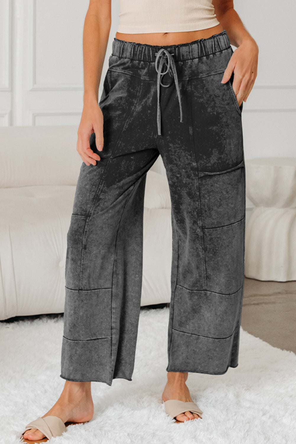Mineral Wash High Waist Raw Hem Patched Trousers - eAura