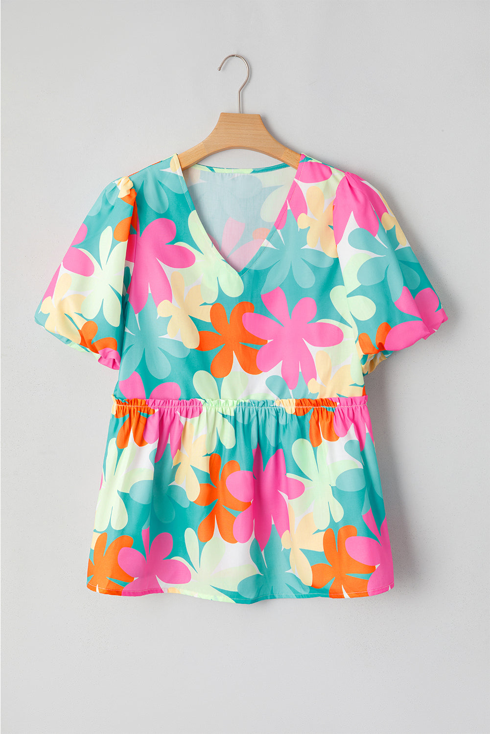 Pink Floral Print Bubble Sleeve V Neck Peplum Blouse eAura