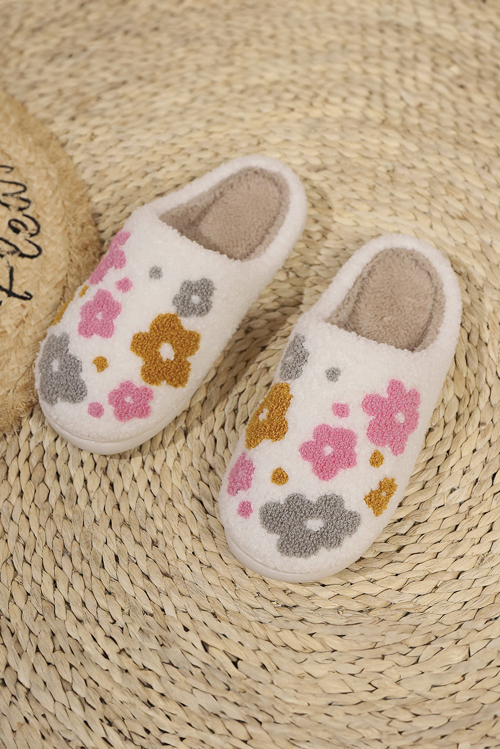 White Floral Fuzzy Slippers