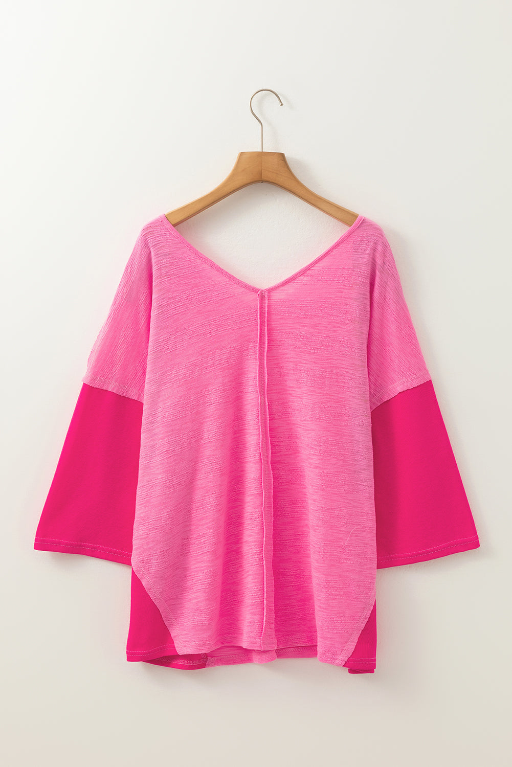 Sachet Pink Contrast Patchwork 3/4 Sleeve V Neck Loose Blouse - eAura