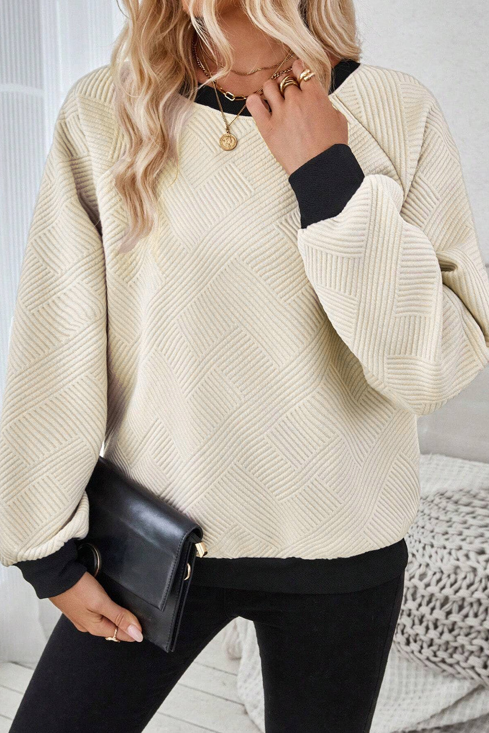 Jet Stream Colour Block Edge Raglan Sleeve Crew Neck Textured Top eAura