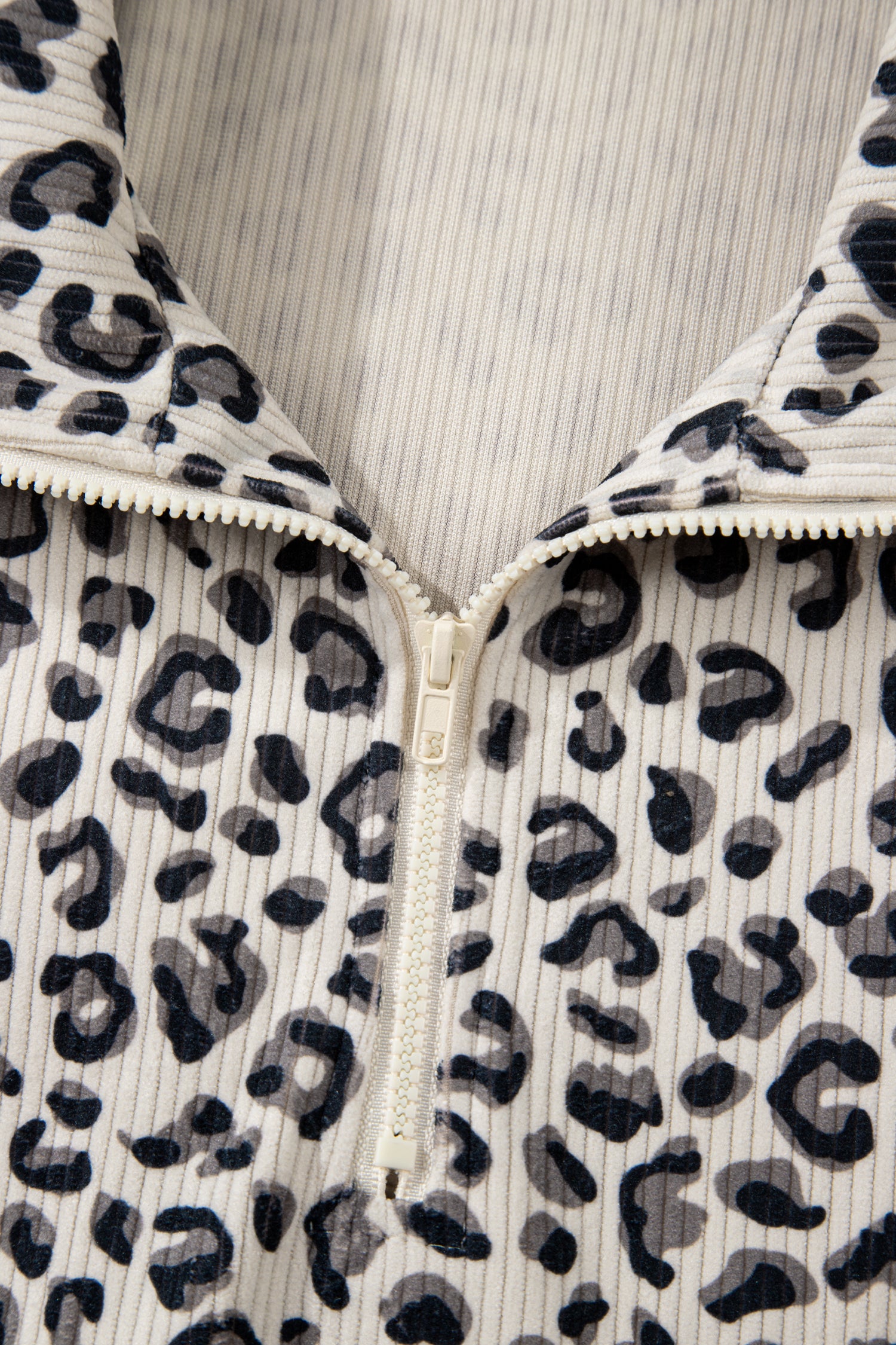 Leopard Print Quarter Zip Soft Corduroy Sweatshirt