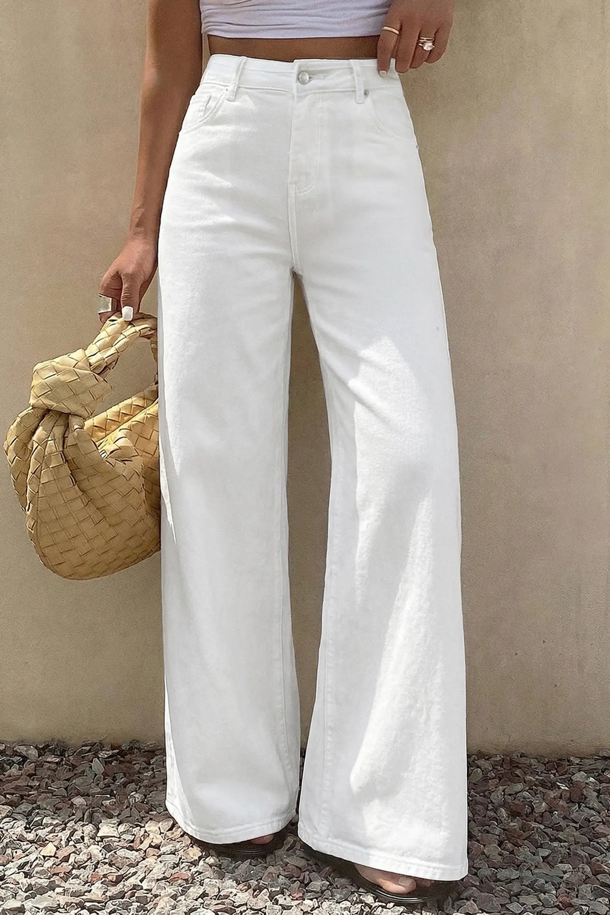 Solid Colour Loose Casual Jeans – White