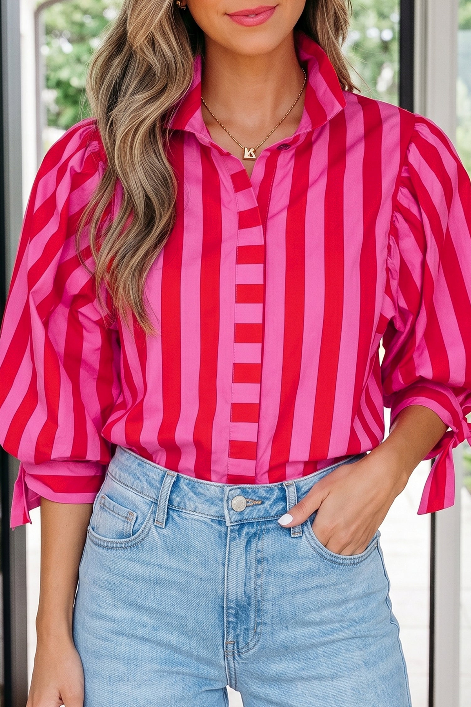 Striped Tie Puff Sleeve Button-Down Shirt