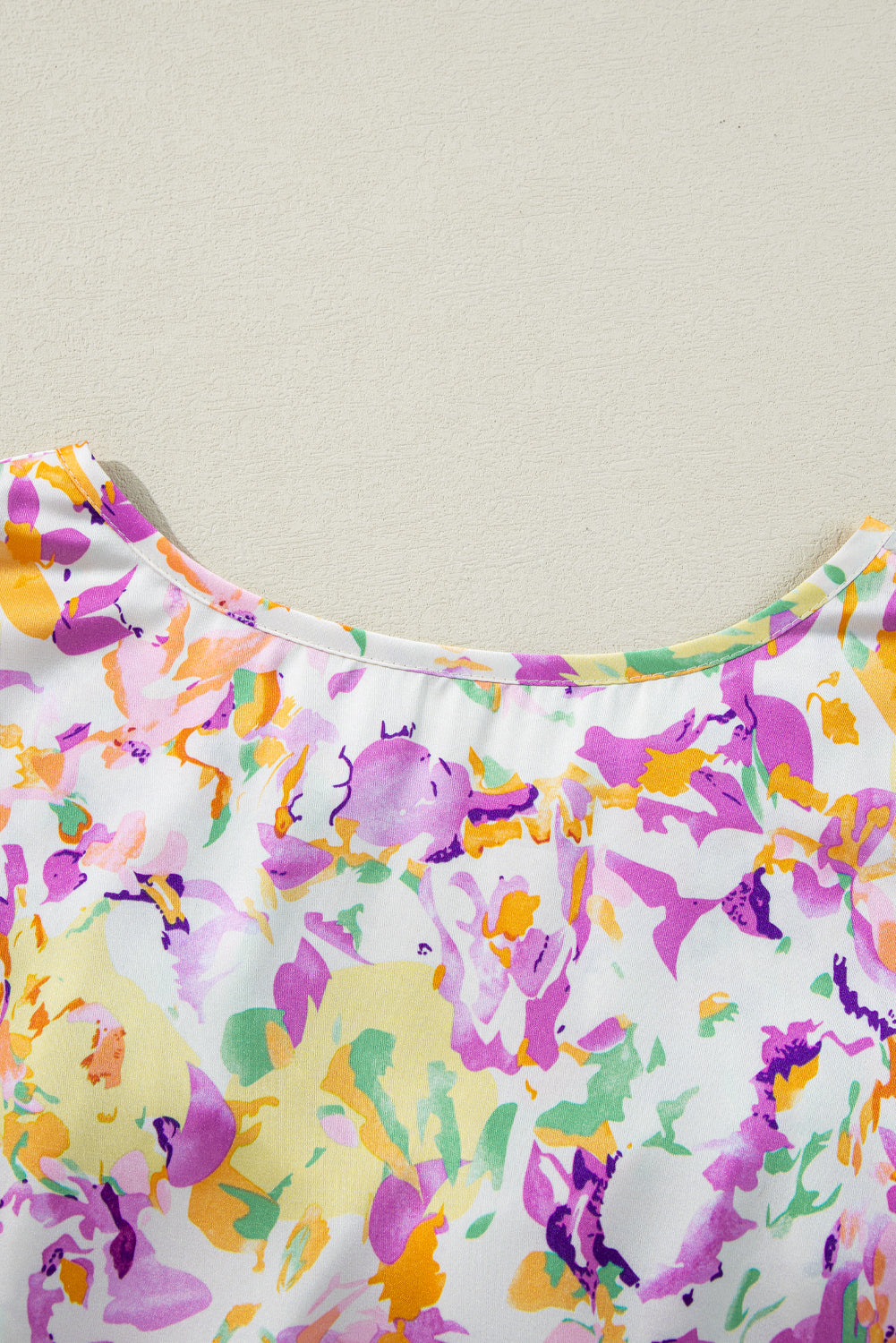 Purple Abstract Printed Ruffled Short Sleeve Notched Neck Blouse eAura
