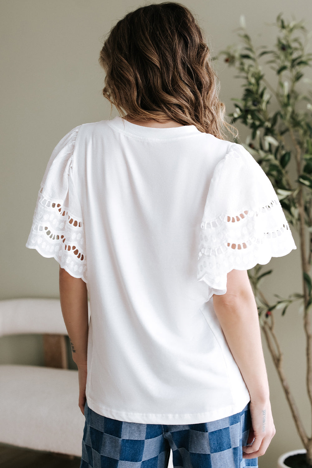 White Hollow Out Embroidered Short Sleeve O Neck Top eAura