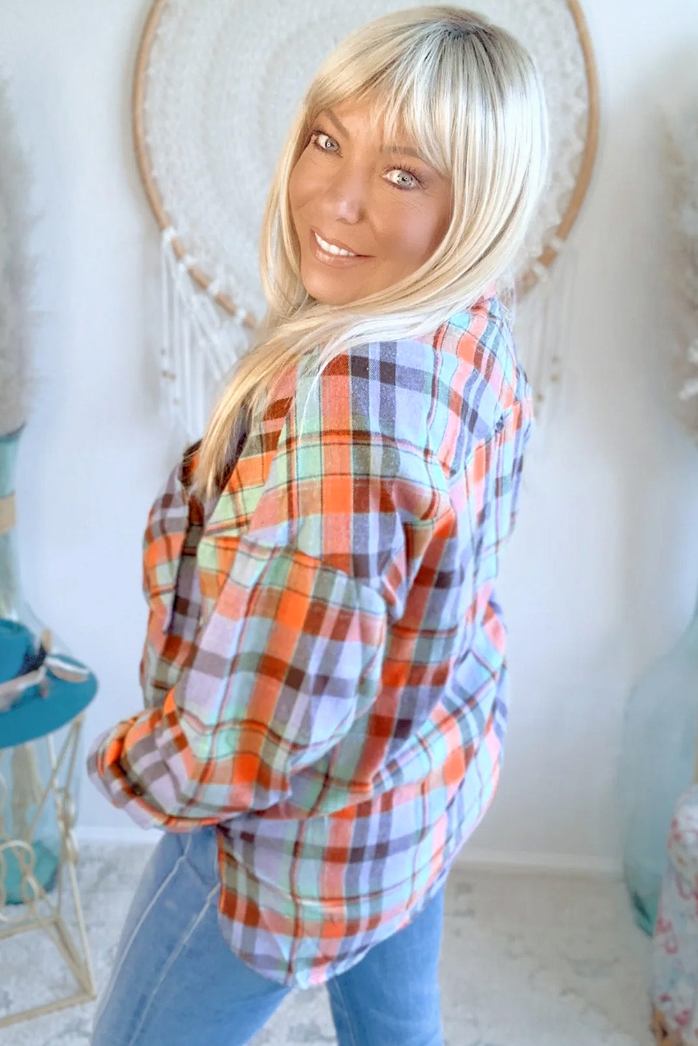 Orange Plus Size Plaid Print Buttoned Shirt Beagle Boutique Fashion Outlet