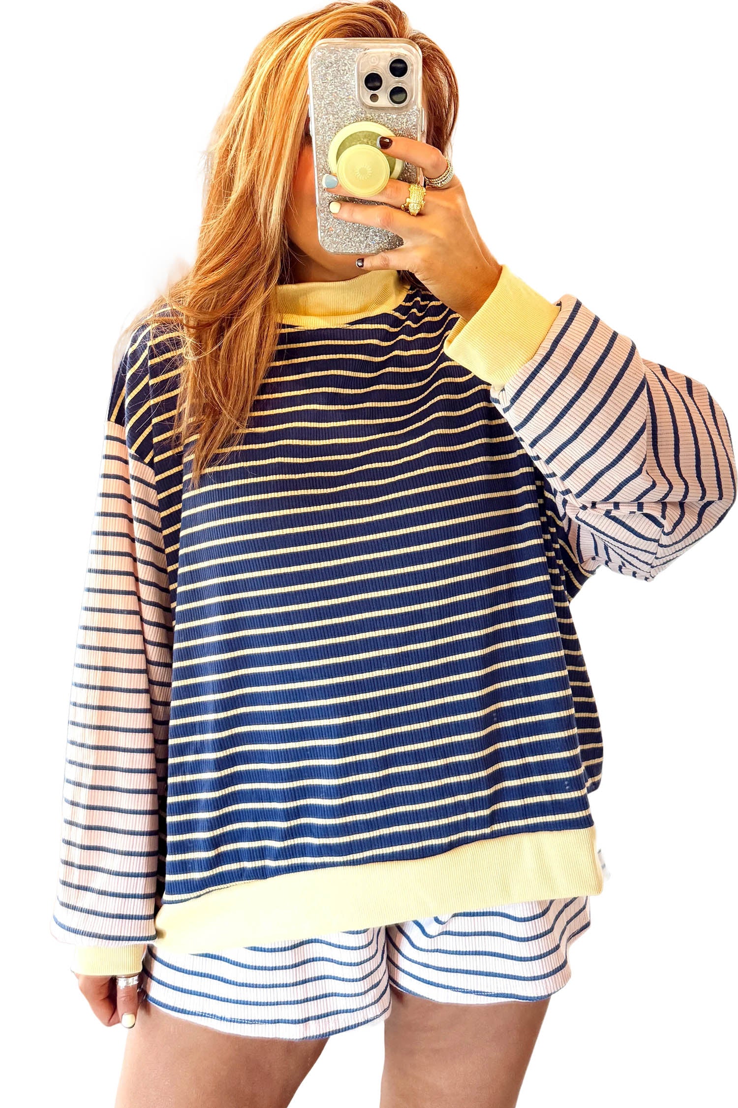 Color Block Long Sleeve Pullover Ribbed Knit Casual Shorts Set – Blue Stripe