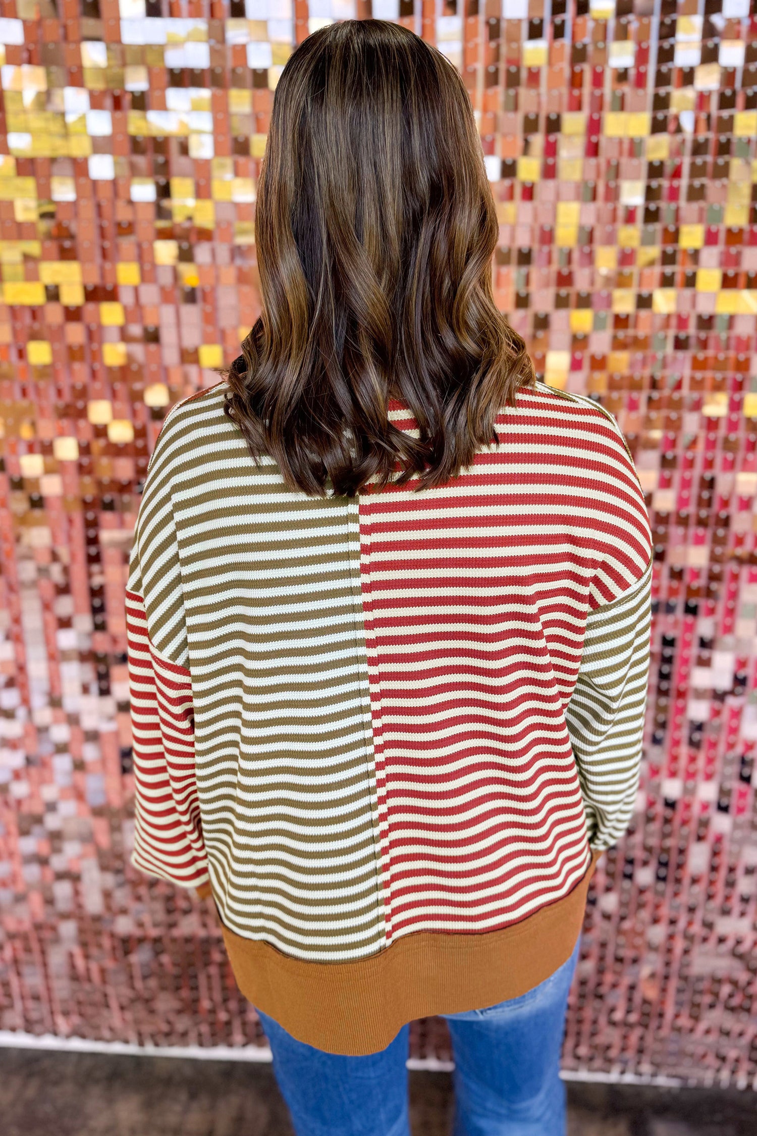 Striped Colorblock V Neck Oversized Long Sleeve Plus Size Blouse – Brown Stripe