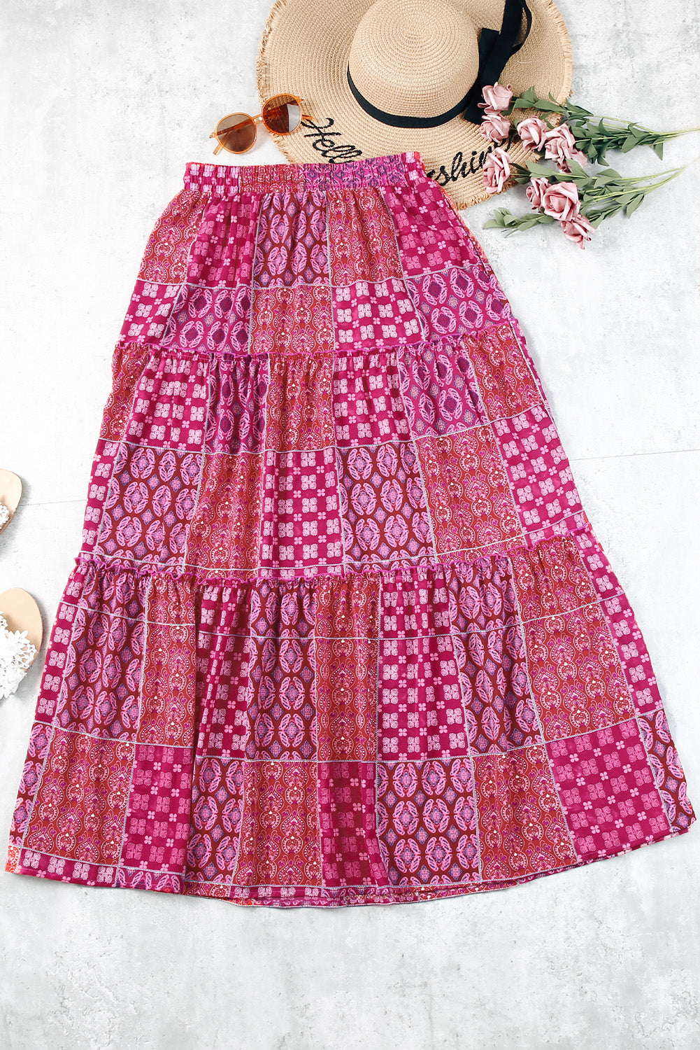 Tiered Paisley Print Pocketed Maxi Skirt