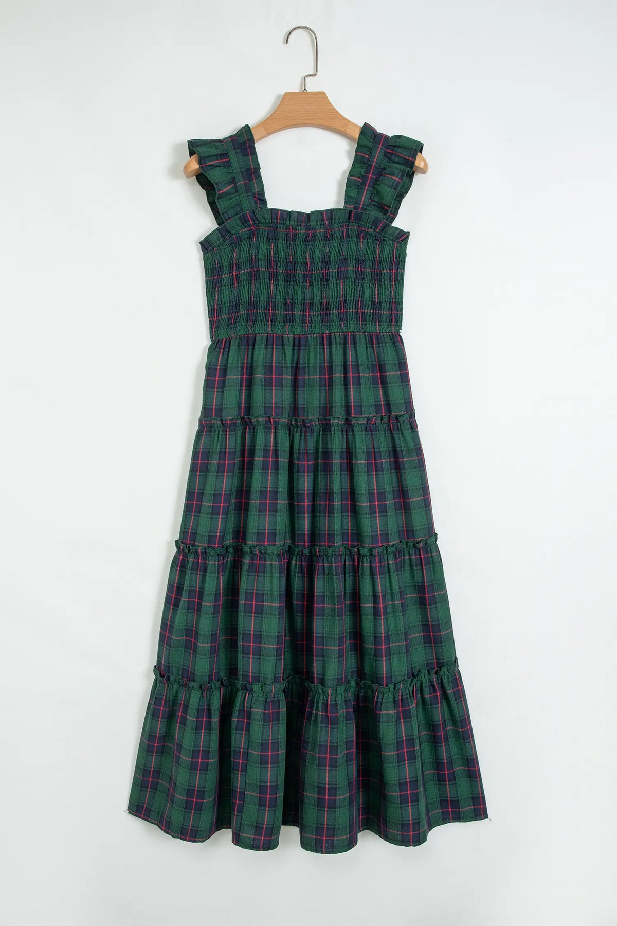 Plaid Ruffle Sleeveless Shirred Bodice Tiered Midi Dress – Green