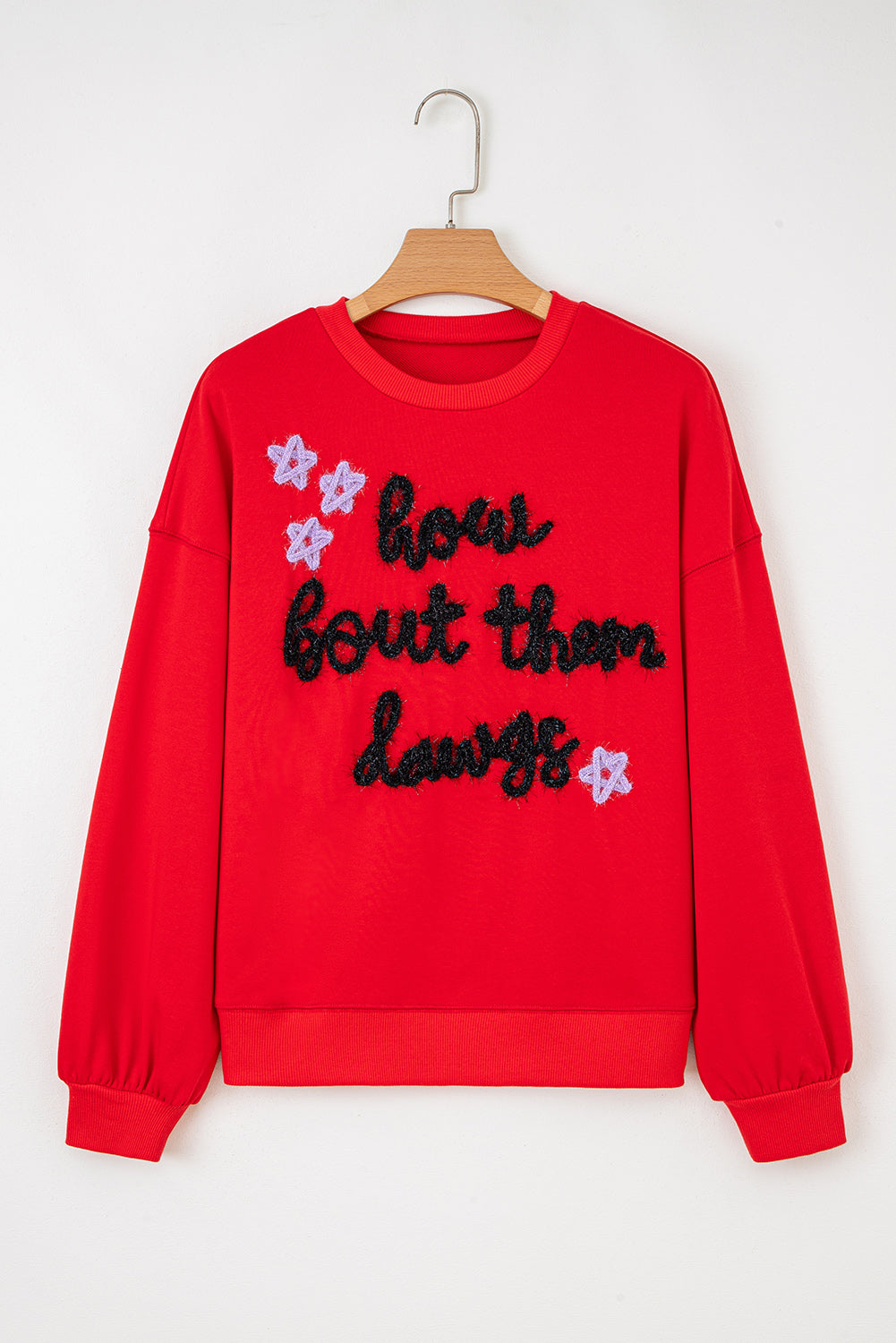 Fiery Red How Bout Them Dawgs Embroidered Script Balloon Sleeve Sweatshirt - eAura