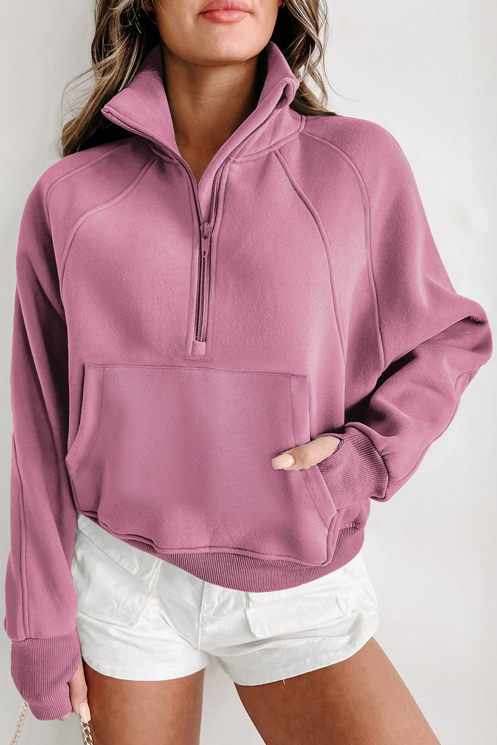 Phalaenopsis Fleece Lined Zip Up Stand Collar Thumbhole Sleeve Sweatshirt eAura