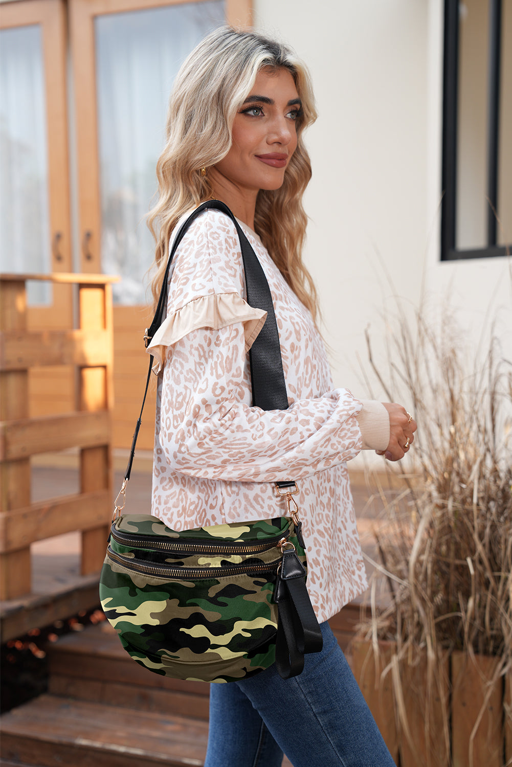 Black Camouflage Print Double Zipper Crossbody Bag