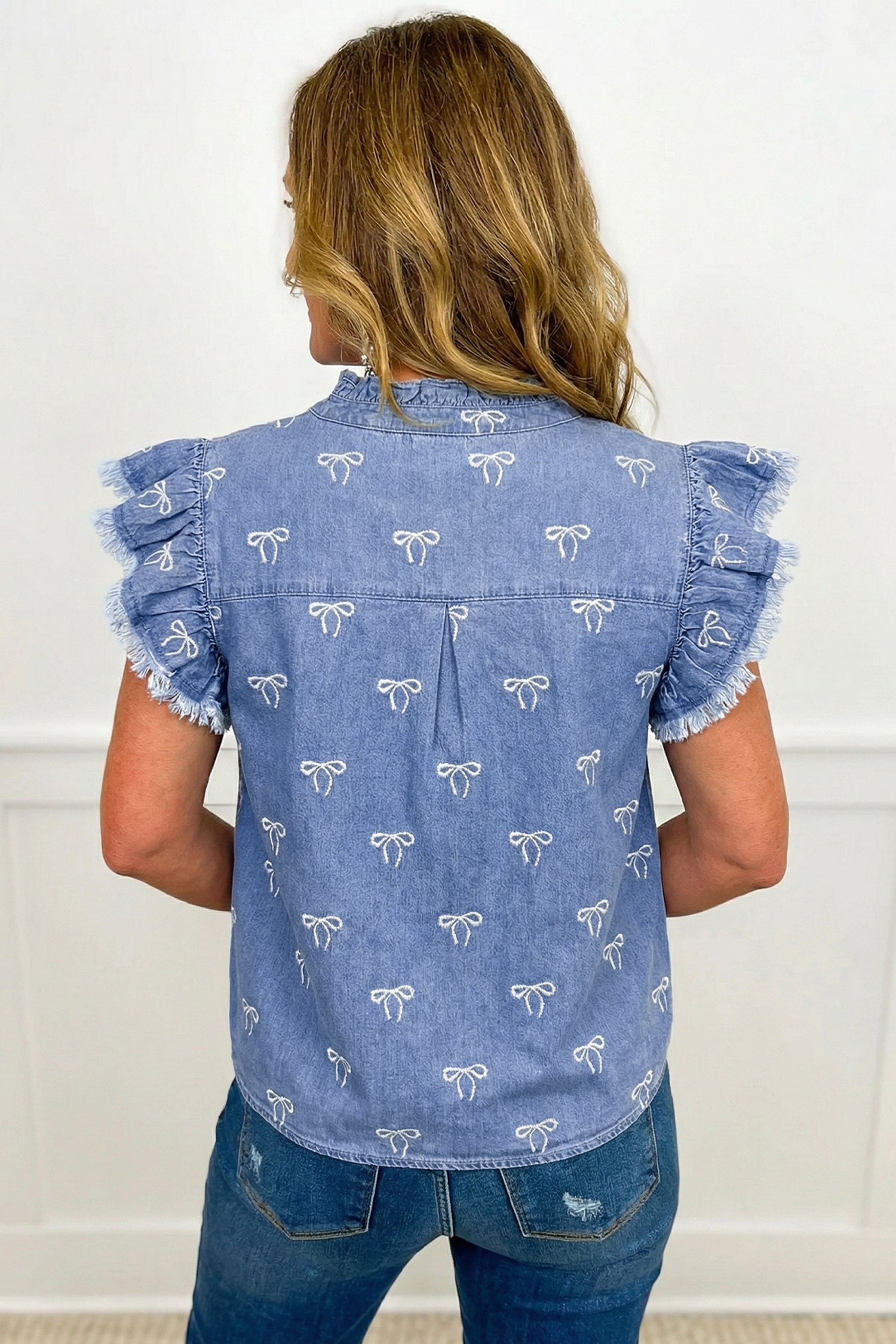 Frilled Collar Flutter Sleeve Denim Top – White