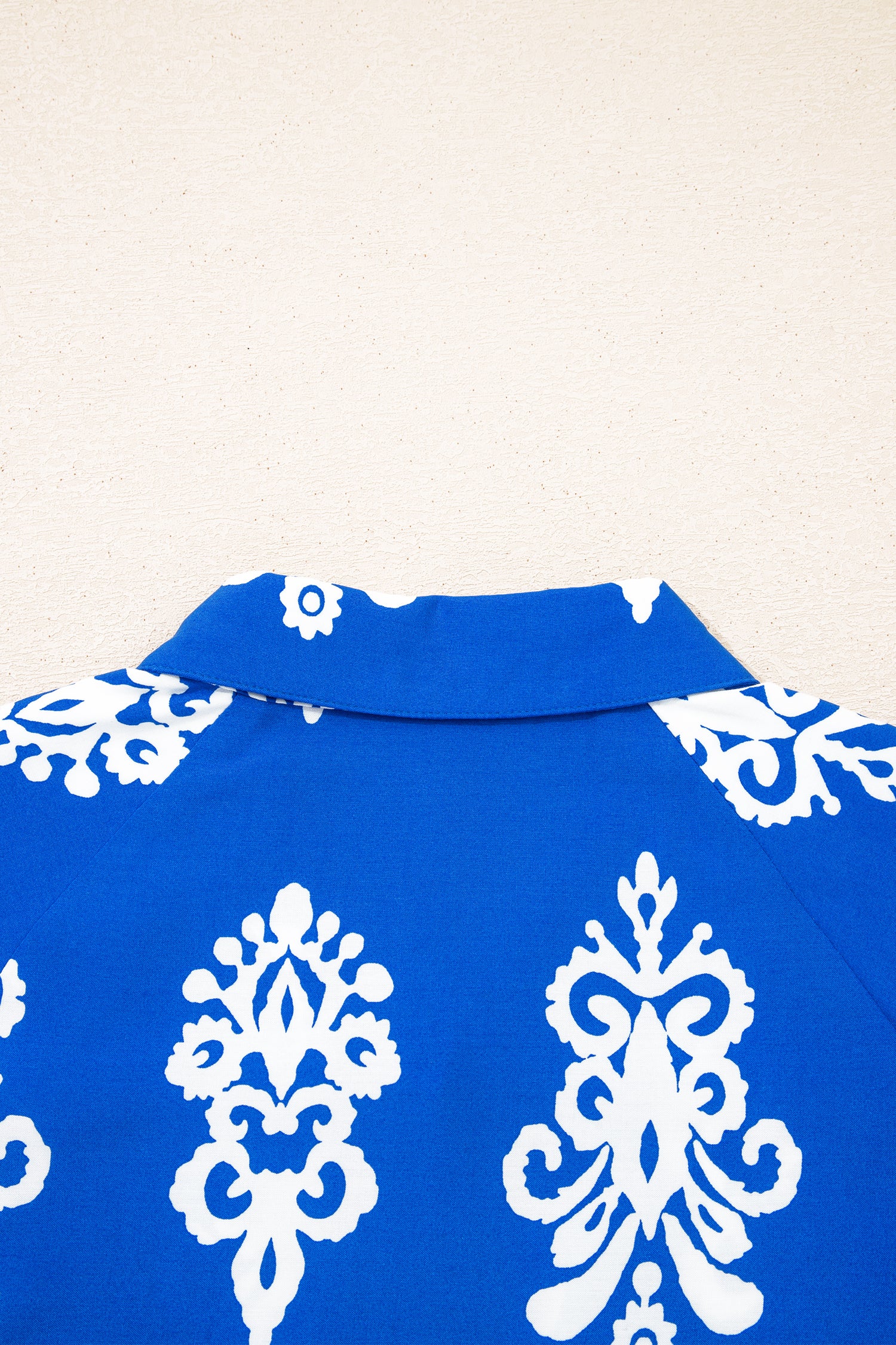 Blue Geometric Print Collared Button Front Short Puff Sleeve Mini Dress